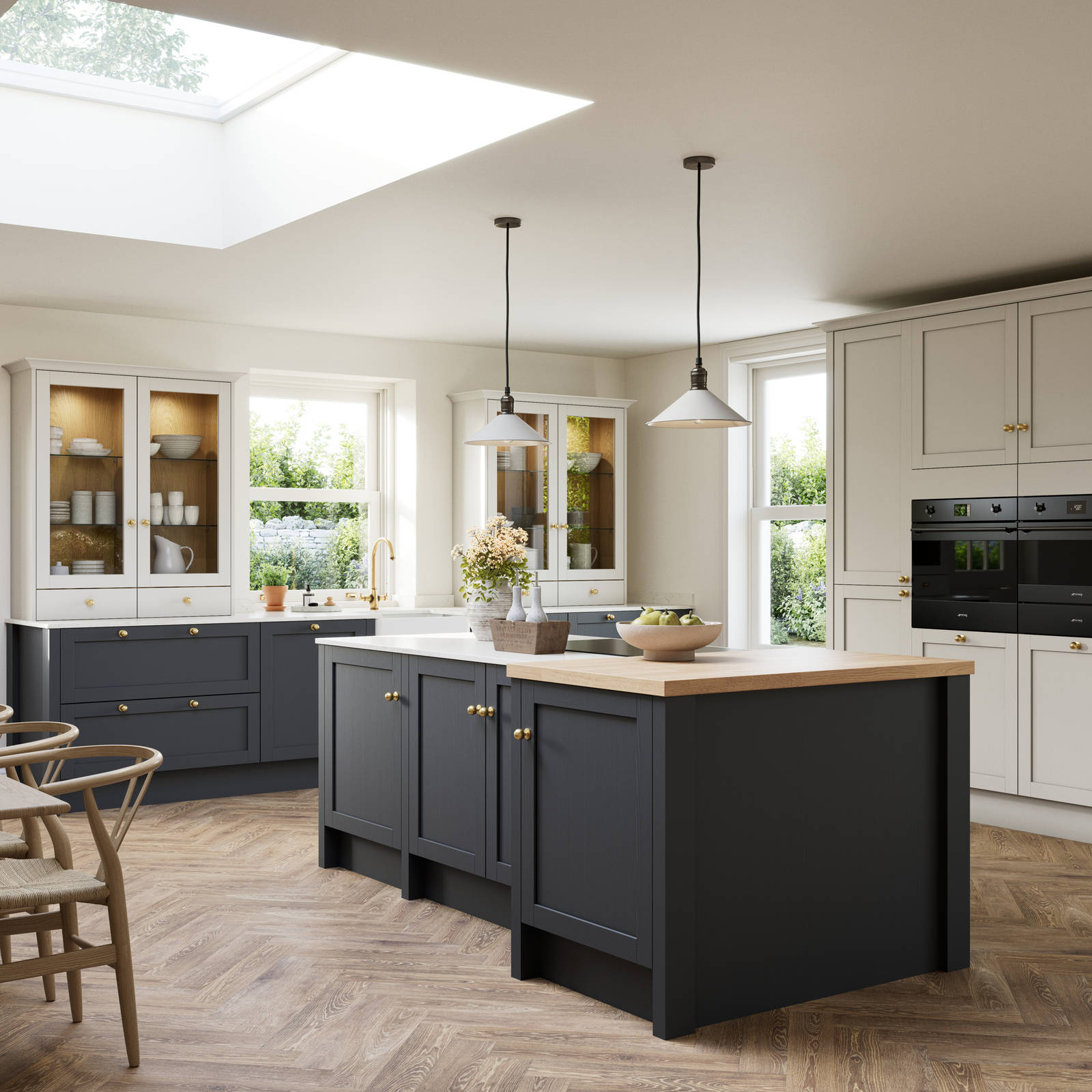 Contemporary Shaker kitchen island Ambleside from Magnet in deep blue shade Lake with beige tall cabinets, herringbone wood flooring and wood diningroom table