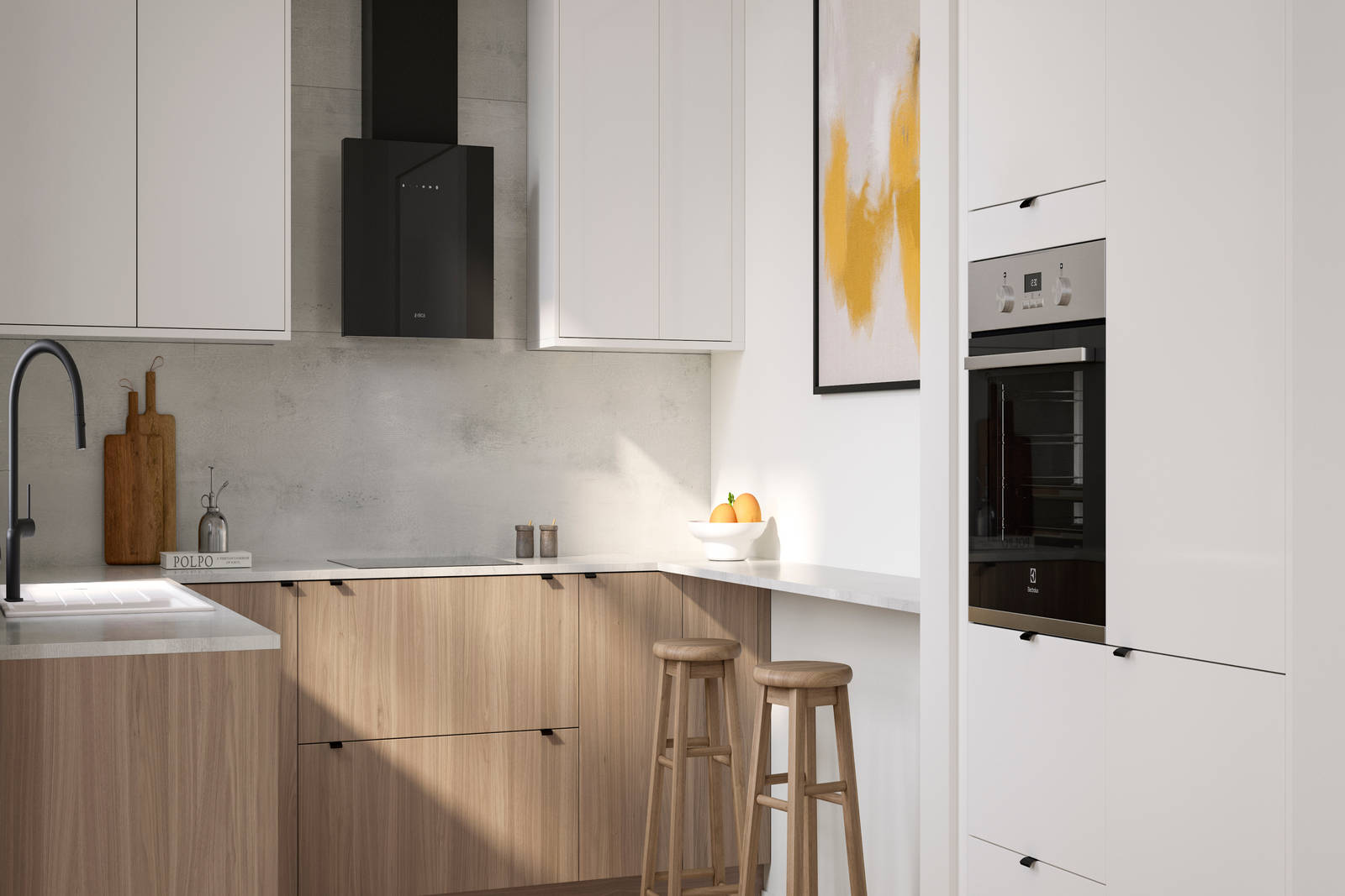 Ascoli kitchen from Magnet with Natural Oak cabinetry, a white worktop, Ascoli Gloss white wall cabinets over countertop and matching tall cabinets with a built-in oven all paired with small black handles, a black tap and black hood.