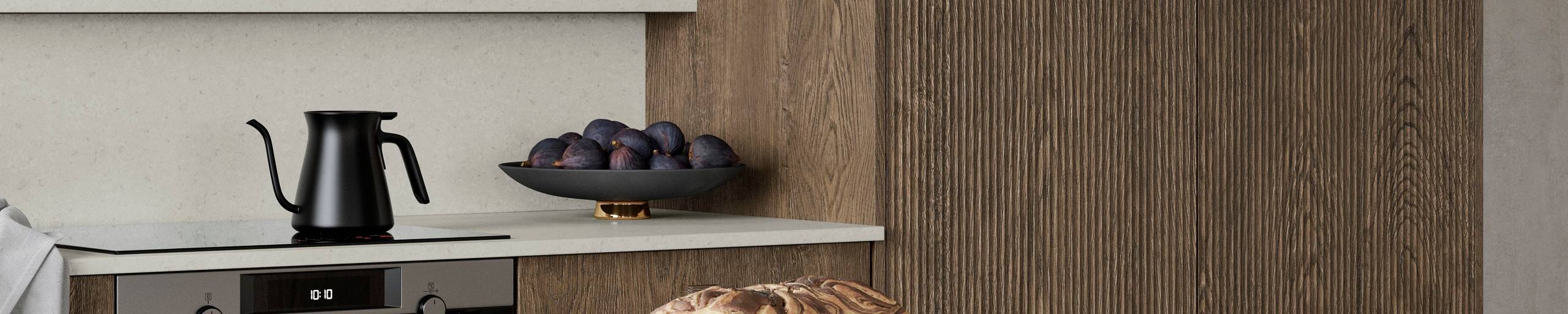 Magnet Kitchens 2021 Nordic Nature range with Fluted oak doors and Integra Hoxton Pebble cabinets with Dekton Aeri worktop
