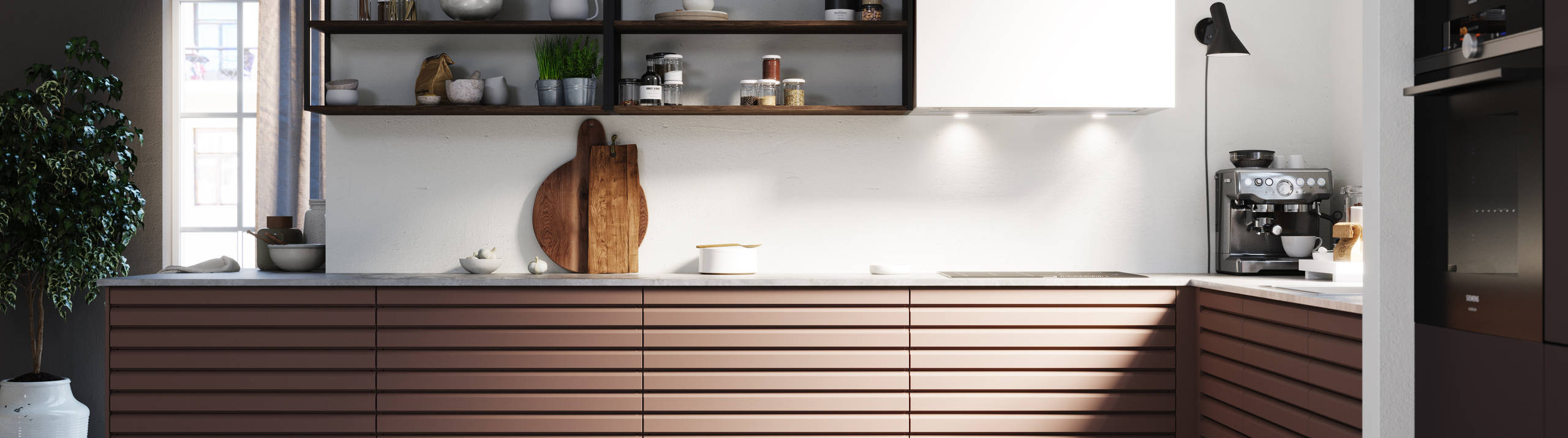 Kjøkkenmodellen Eikeli representerer en lun og nordisk eiketrend. Med sine malte lamellfronter i heltre eik, byr modellen på referanser til både kulinarisk bistro og urbane kafémiljøer.  Eikeli fåes kun som underskap.