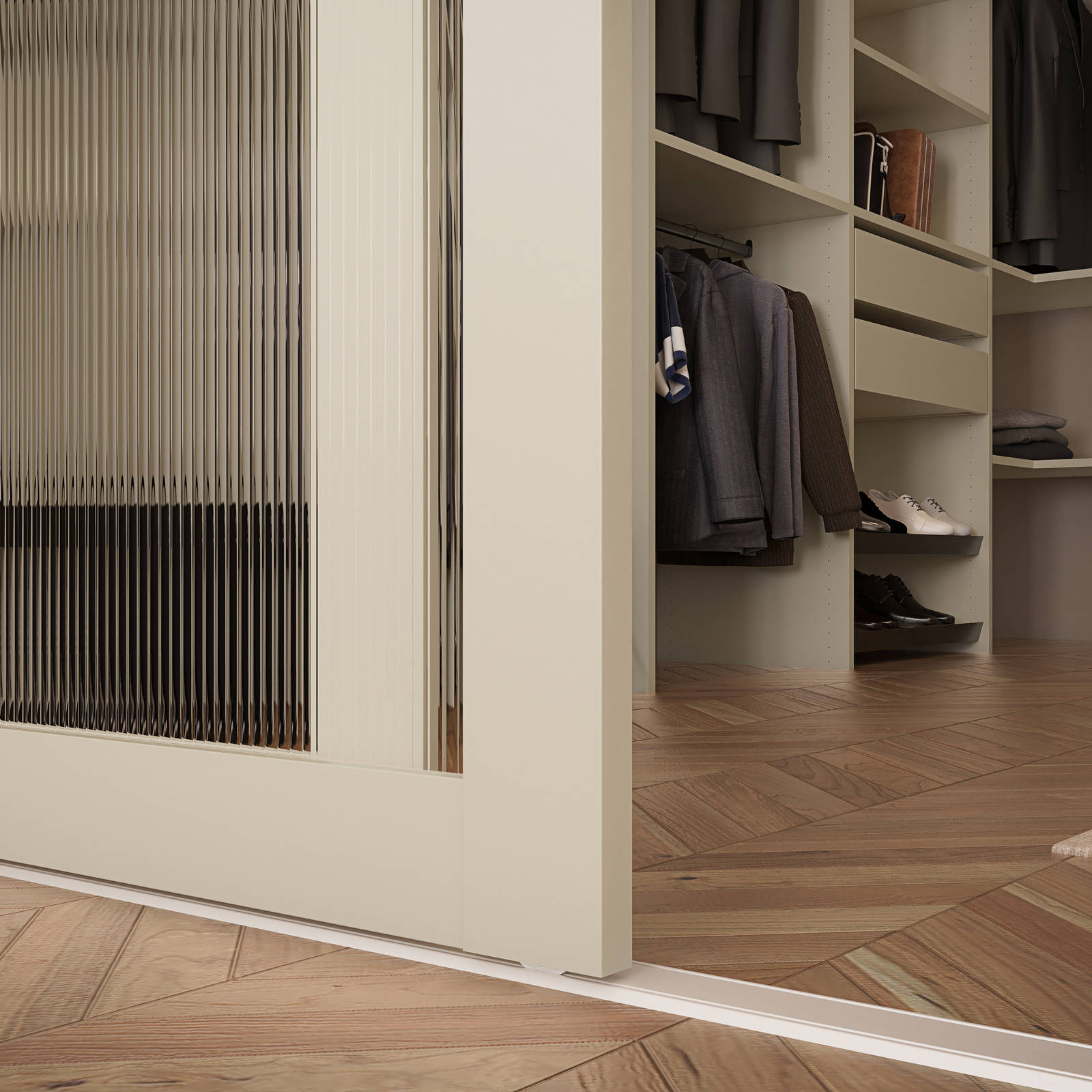 Nærbillede af glasskydedør med beige træramme