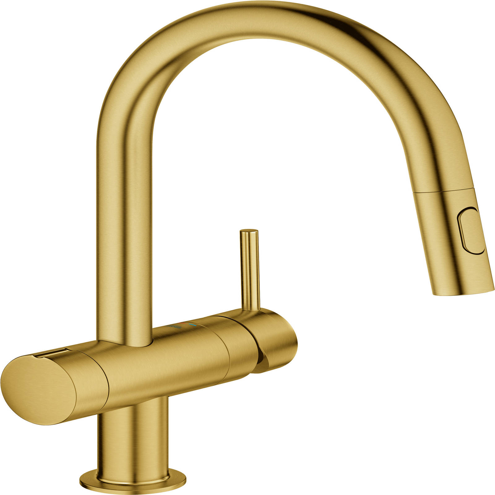 Grohe Minta, børstet messing, uttrdusj, avsteng, C-tut  norema kjøkken.