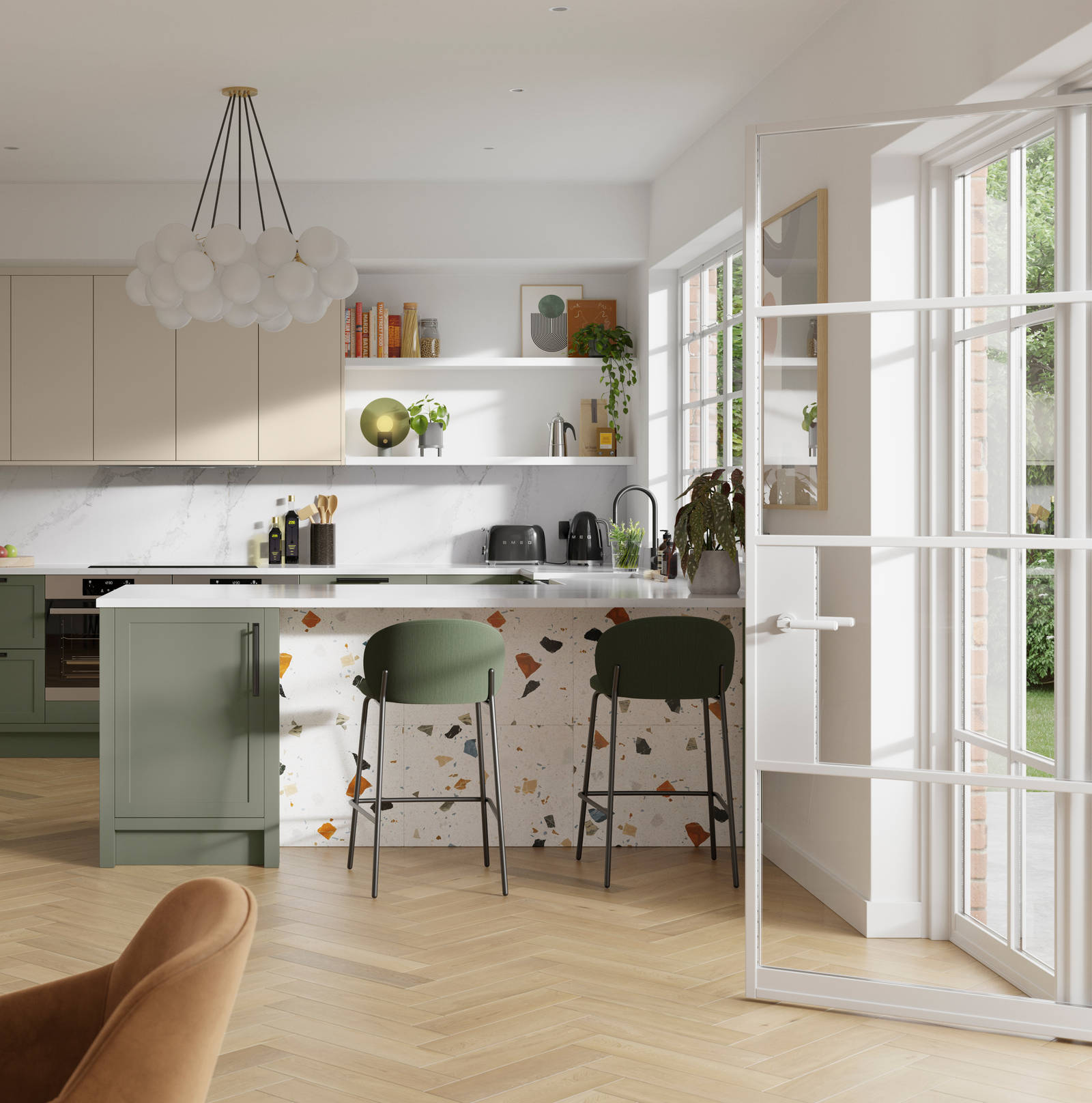 Contemporary kitchen design with Magnets Pebble path Dunham kitchen, its thin frame and smooth painted finish with no visible woodgrain, a kitchen island with breakfast bar and wood herringbone flooring..