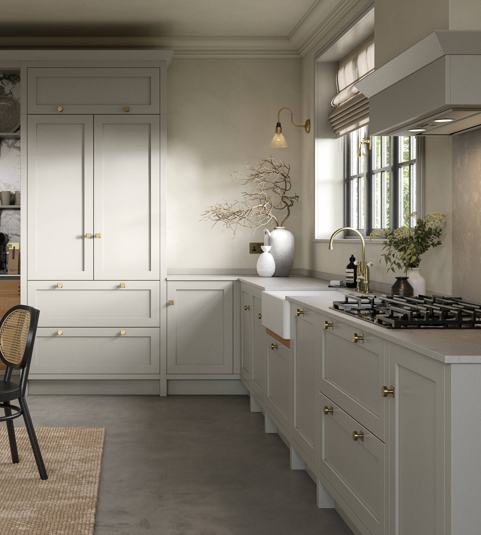 A neutral Shaker kitchen with Pebble and Nordic Craft cabinetry.