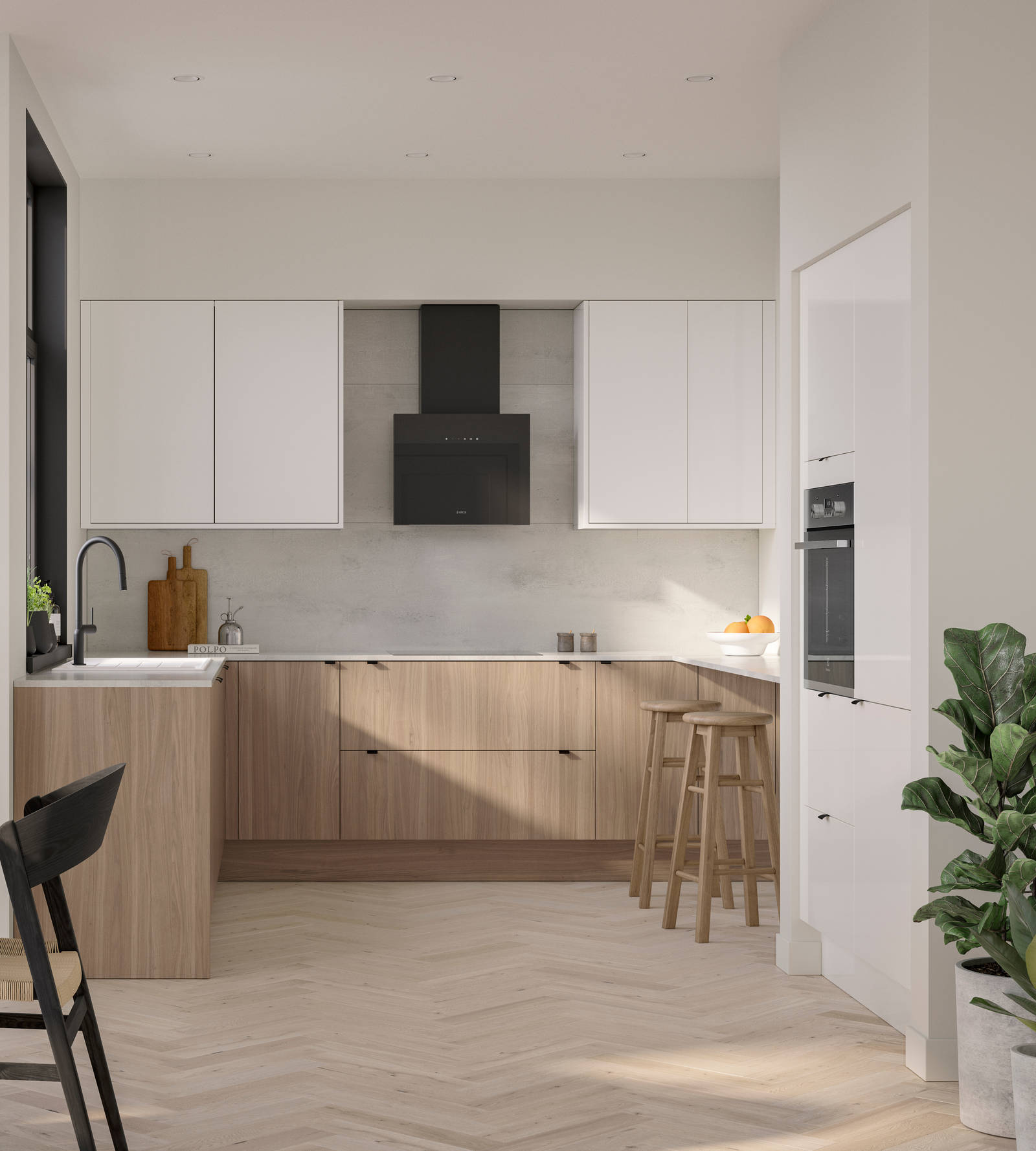 Open floorplan Ascoli kitchen from Magnet with Natural Oak cabinetry, a white worktop, Ascoli Gloss white wall cabinets over countertop and matching tall cabinets with a built-in oven all paired with small black handles, a black tap and black hood.