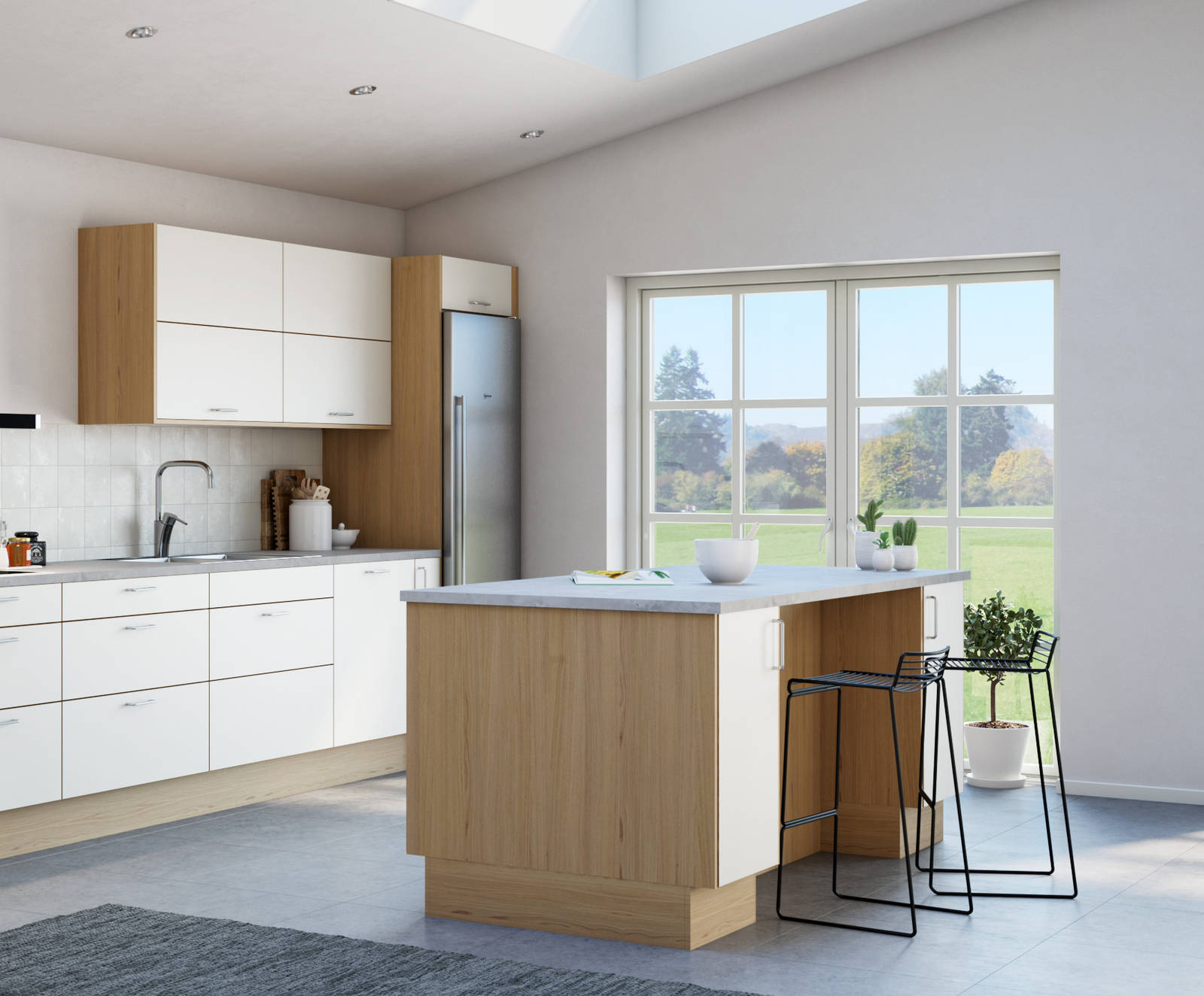 Modellen har slette fronter i sort supermatt høytrykkslaminat med fasede kantlister i heltre eik.