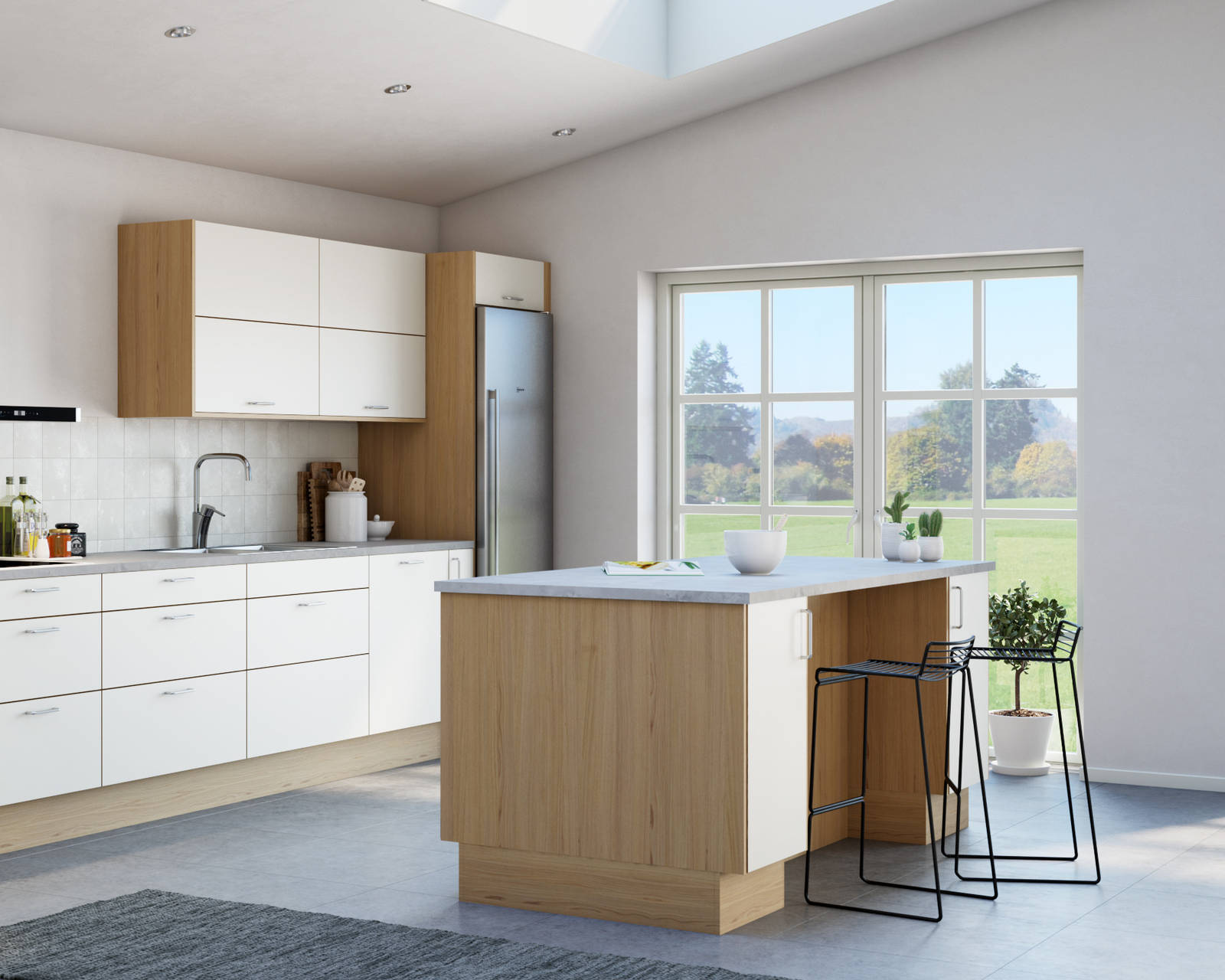 Modellen har slette fronter i sort supermatt høytrykkslaminat med fasede kantlister i heltre eik.