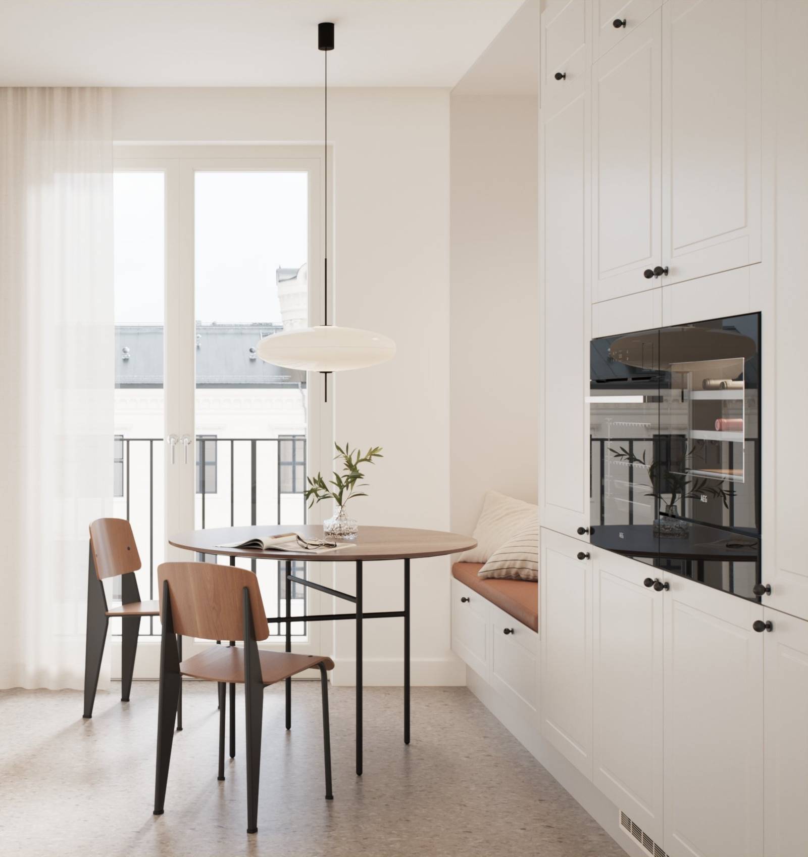 Hvit tidløs og modern kjøkken med freste speildører som ger kjøkkenet klassiske detaljer uten å bli rustikt, sorte knotter, sort kran og sort vask.