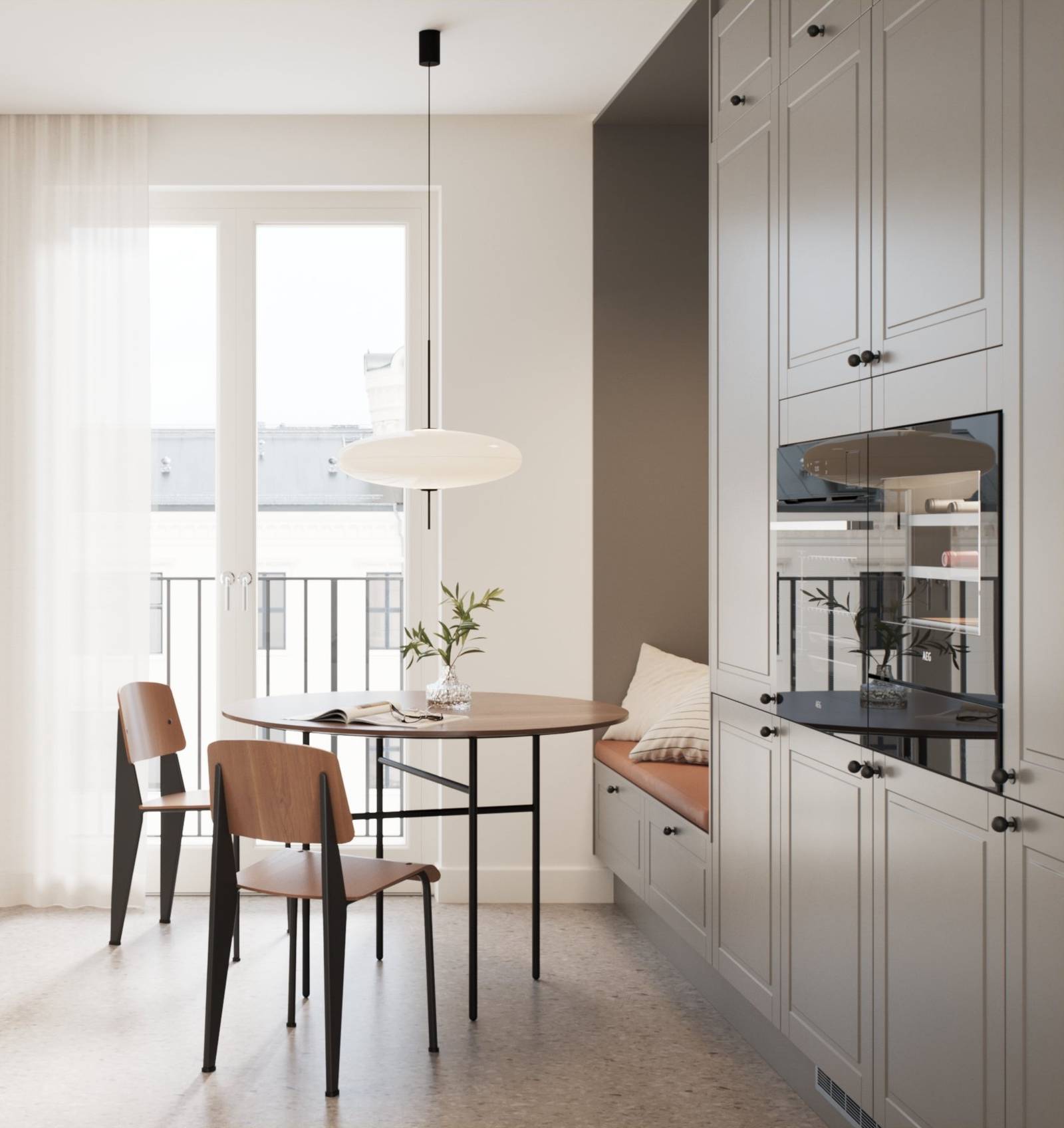 Mellomgrå tidløs og modern kjøkken med freste speildører som ger kjøkkenet klassiske detaljer uten å bli rustikt, sorte knotter, sort kran og sort vask.