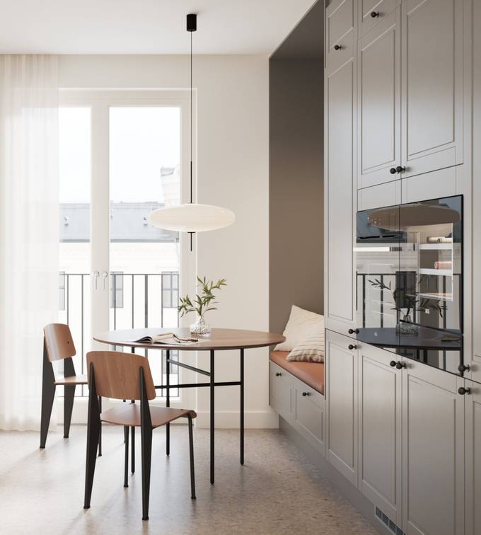 Mellomgrå tidløs og modern kjøkken med freste speildører som ger kjøkkenet klassiske detaljer uten å bli rustikt, sorte knotter, sort kran og sort vask.