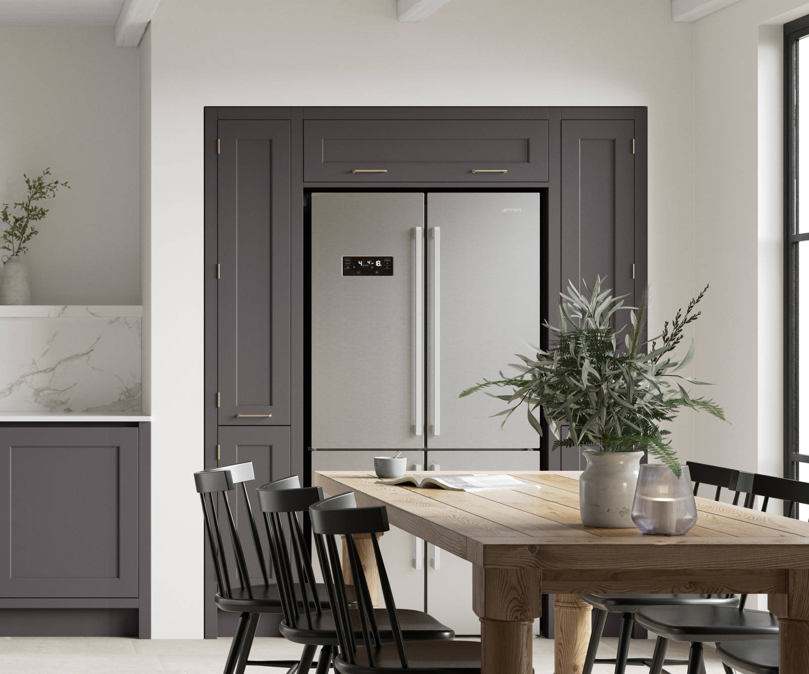 Integra Ludlow in shades Cashmere Sweater and Charcoals, a contemporary take on a Shaker kitchen, where the premium frontal features panelled doors with integrated handles.
