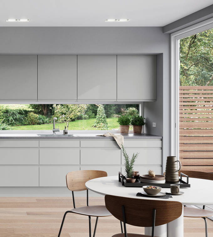 Norema kjøkken Basic Collection Hisøy lys grå grep moderne kjøkken innfreste grep flatpakket kjøkken