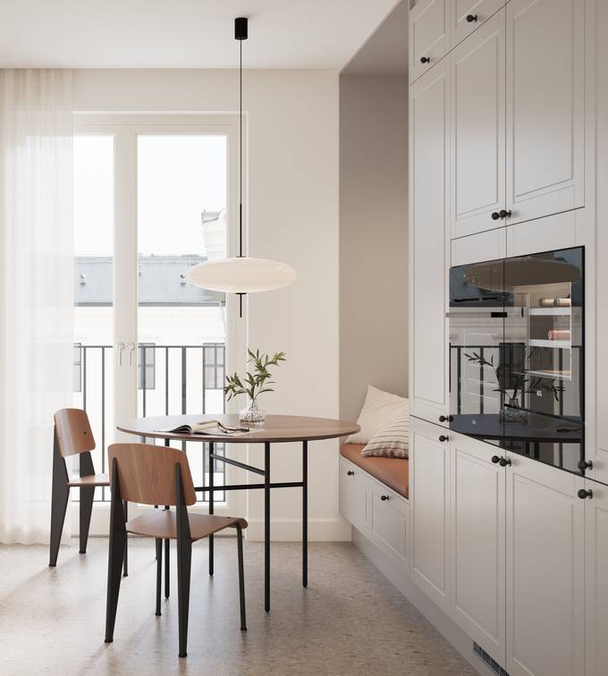 Lys grå tidløs og modern kjøkken med freste speildører som ger kjøkkenet klassiske detaljer uten å bli rustikt, sorte knotter, sort kran og sort vask.