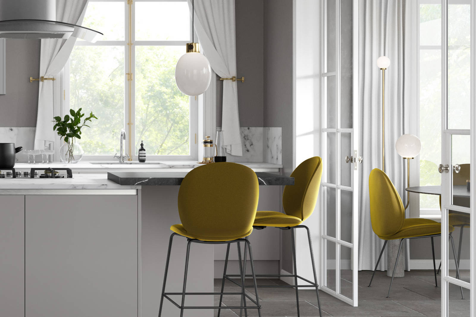 Integra Ascoli kitchen by Magnet. Matt finish handless door with trim brushed in aluminium for a high end finish.