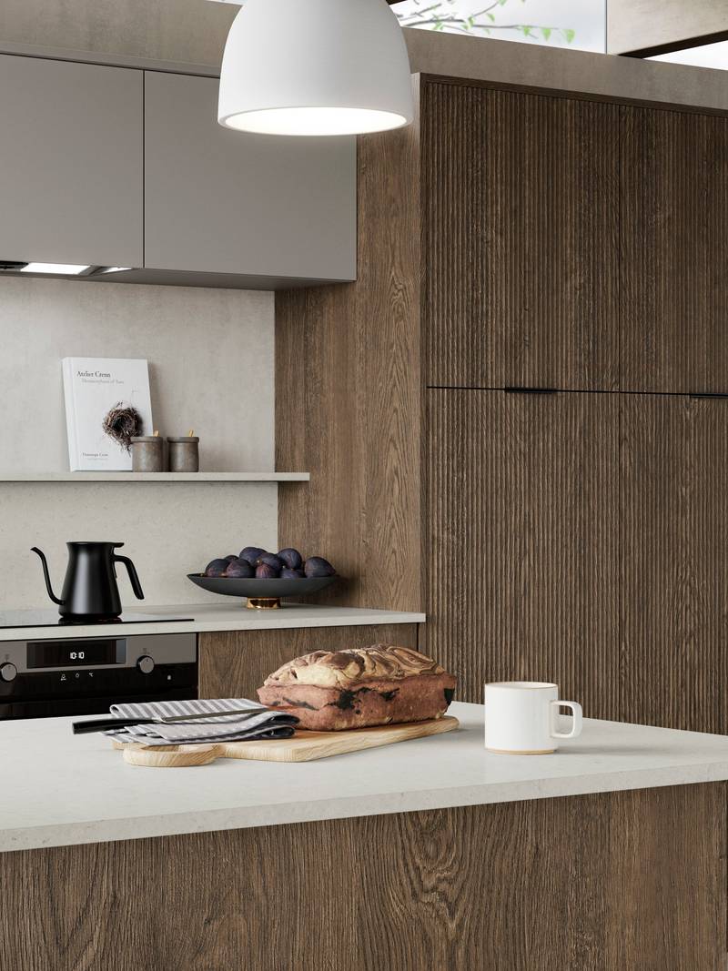 Magnet Kitchens 2021 Nordic Nature range with Fluted oak doors and Integra Hoxton Pebble cabinets with Dekton Aeri worktop
