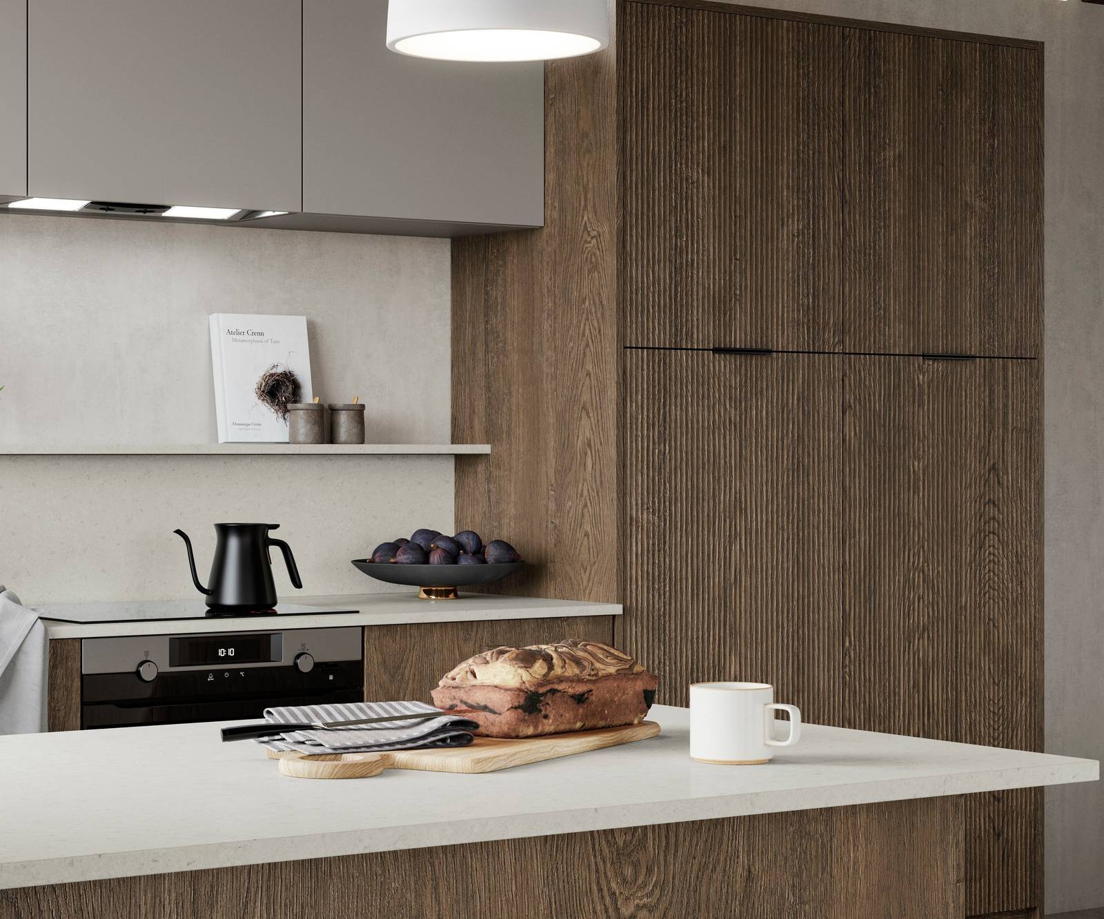Magnet Kitchens 2021 Nordic Nature range with Fluted oak doors and Integra Hoxton Pebble cabinets with Dekton Aeri worktop