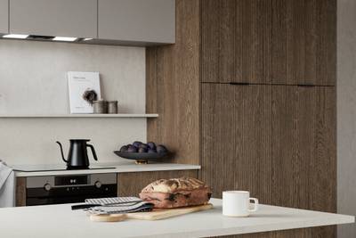 Magnet Kitchens 2021 Nordic Nature range with Fluted oak doors and Integra Hoxton Pebble cabinets with Dekton Aeri worktop