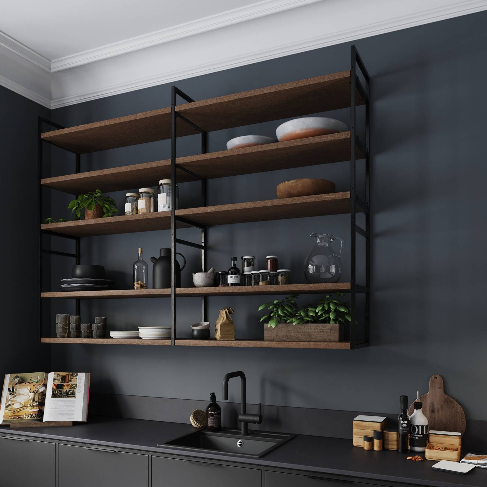 Norema kjøkken Design Akse areal mørk grå åpne hyller
