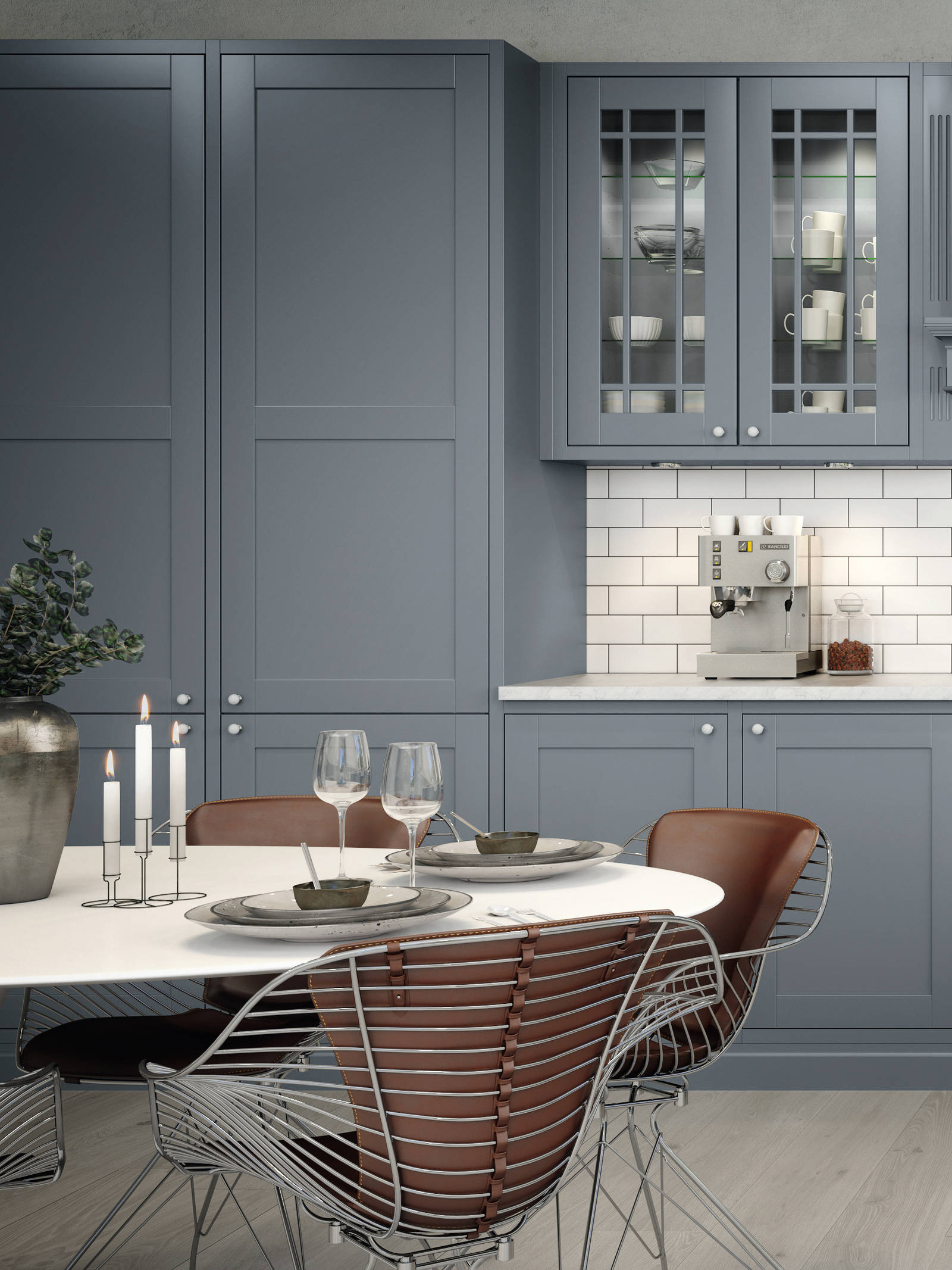 Sigdals Inframekonsept, med dører og skuffer som ligger innrammet, gir innredningen et flott, plassbygd preg. Scala kan fås med innramming i foliert MDF i samme farge.