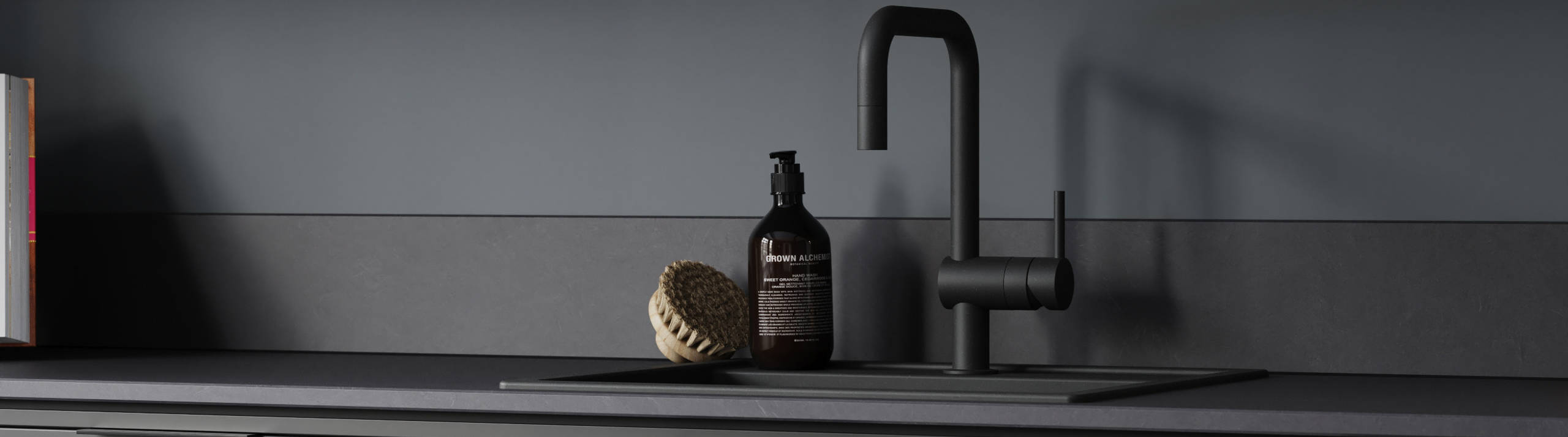 Norema kjøkken Design Akse areal mørk grå åpne hyller