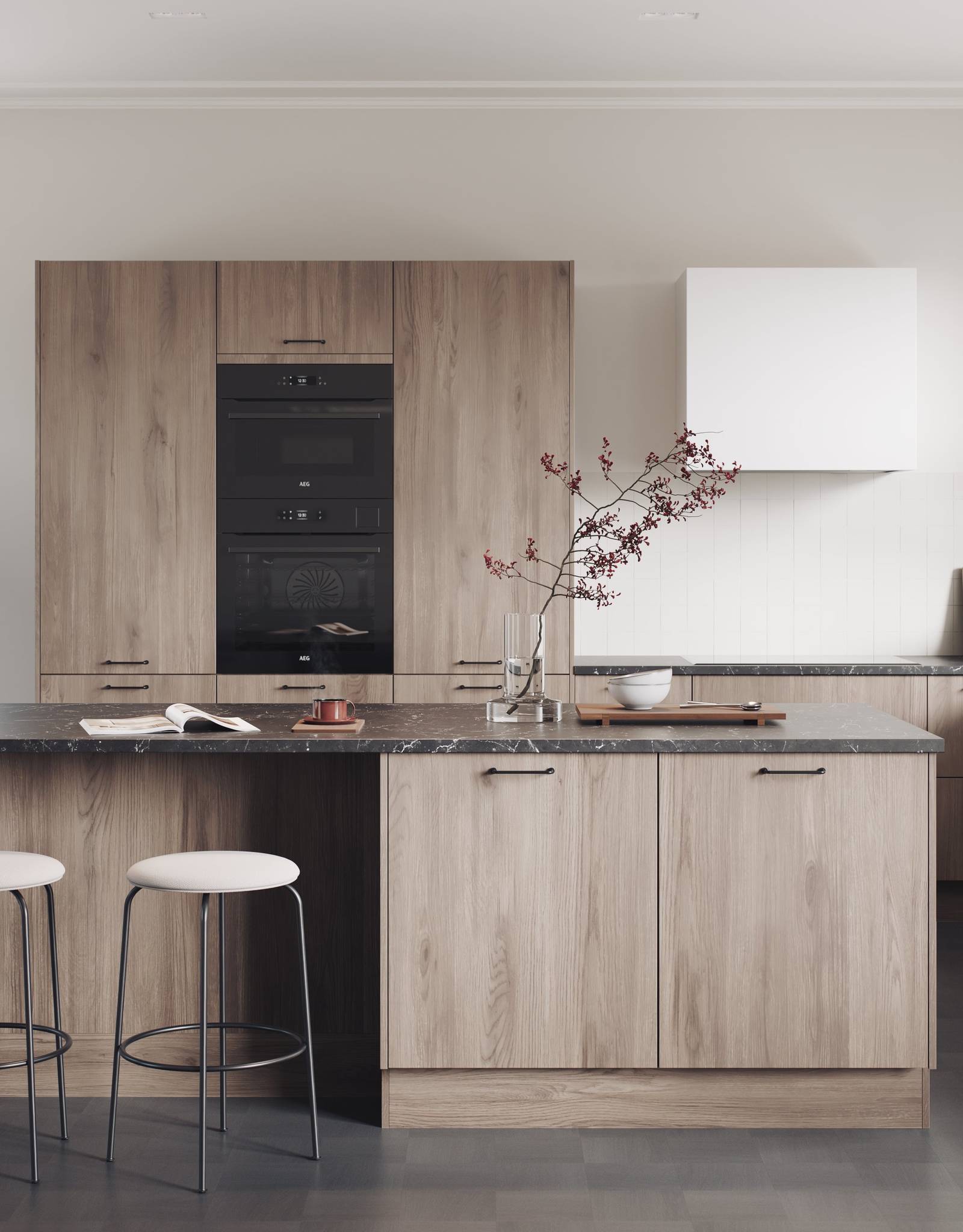 Moderne kjøkkenmodell med slette og slitesterke melaminbelagte fronter i stående trestruktur