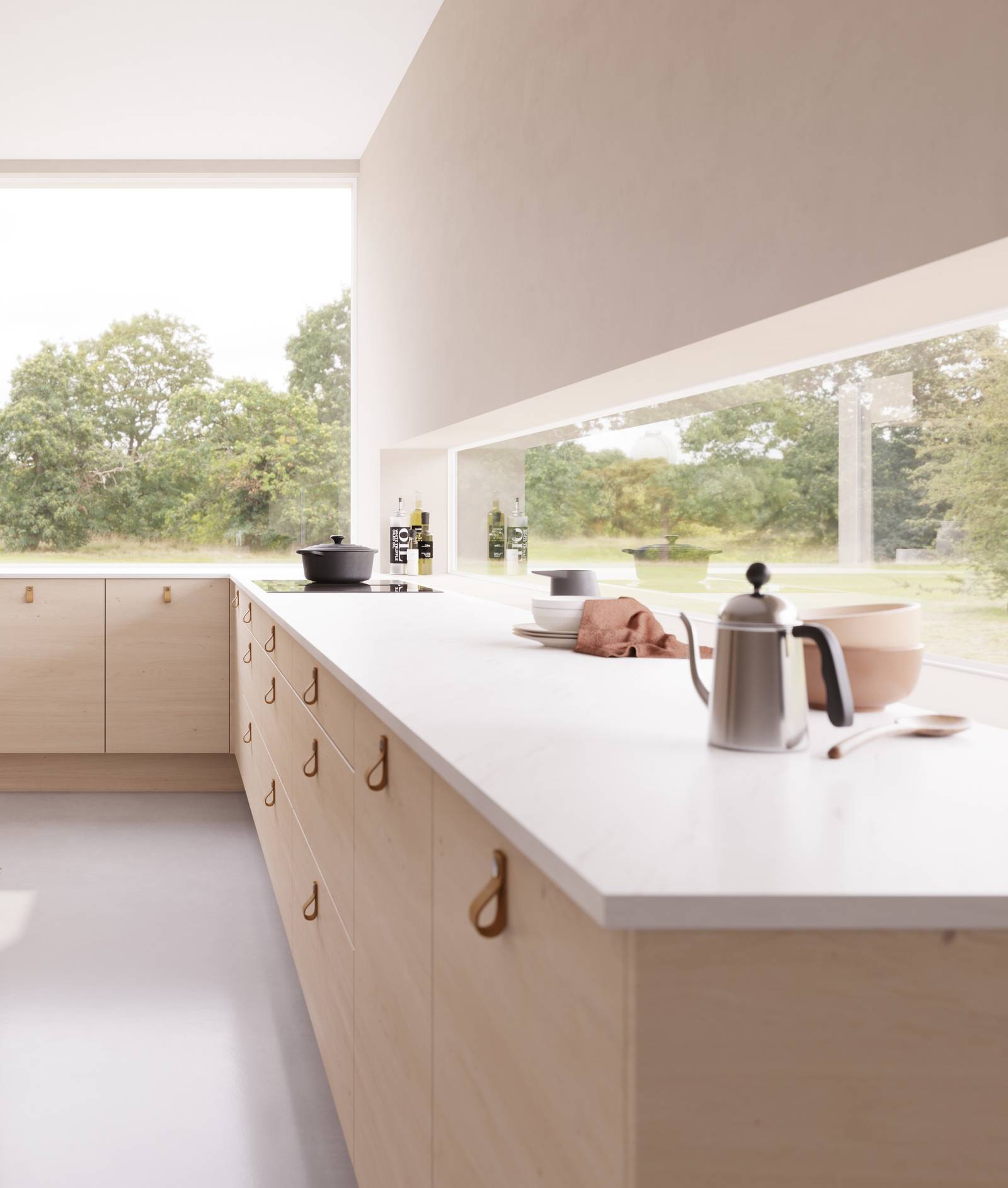 Norema kjøkken Trapes ask moderne lyst kjøkken kjøkken med skinnhåndtak hyttekjøkken