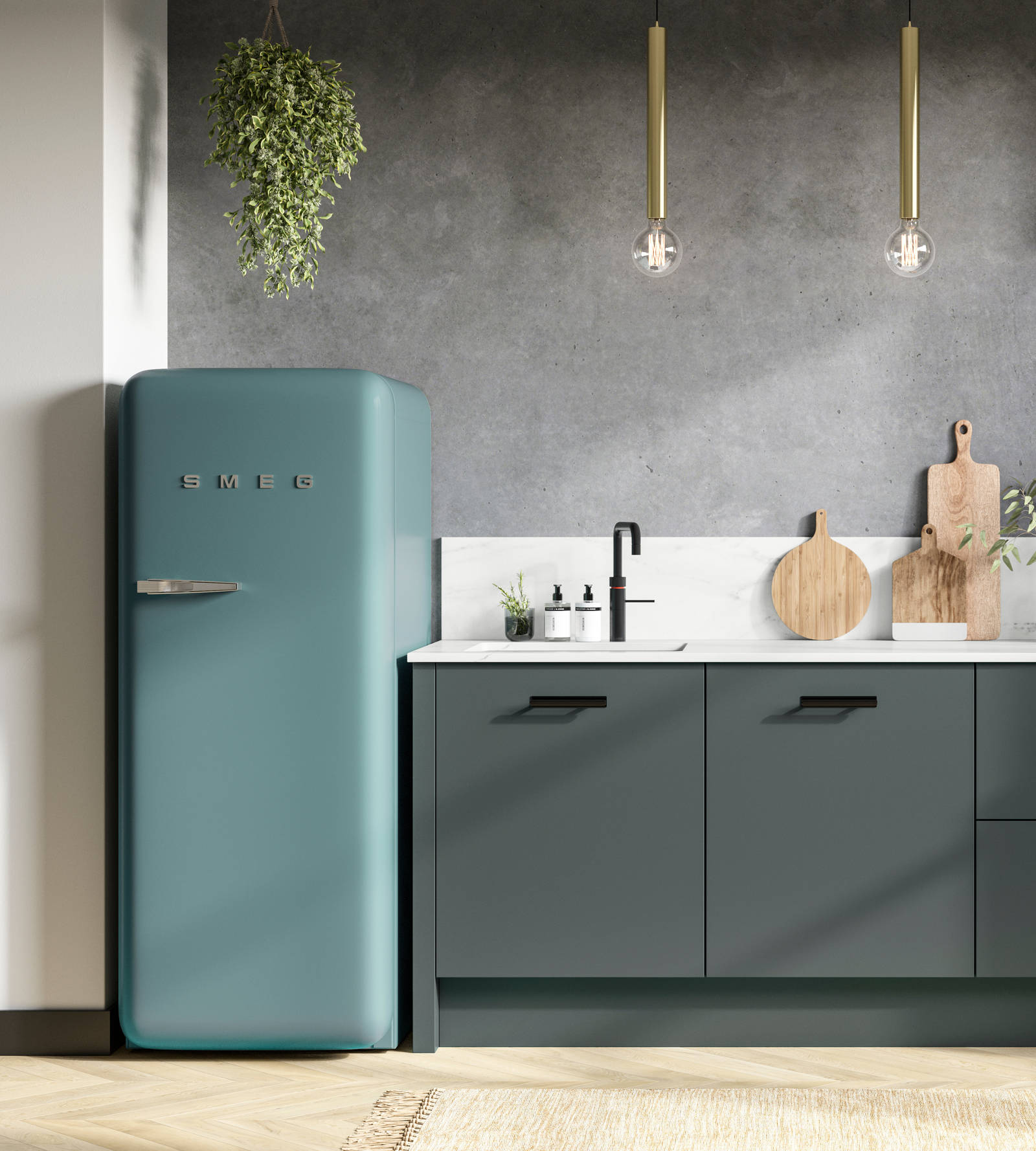 Straight view of modern Soho Arboretum kitchen with black tap and handles, dark grey marbled wall and blue Smeg fridge.
