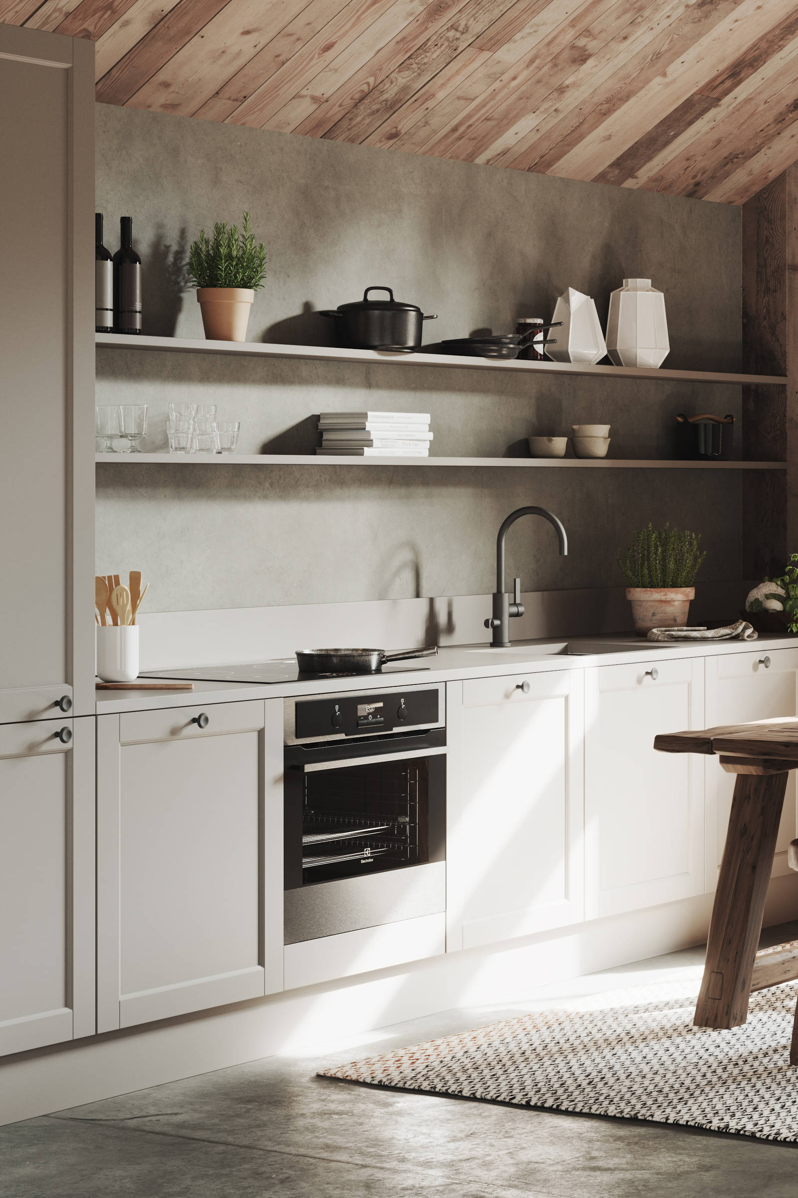 Rustikk og landlig kjøkkenmodell i heltre eik. Front med enkel ramme og slett fylling gjør at du kan variere uttrykket på kjøkkenet fra det helt moderne til det rustikke landlige preget alt etter hvilket tilbehør du velger.