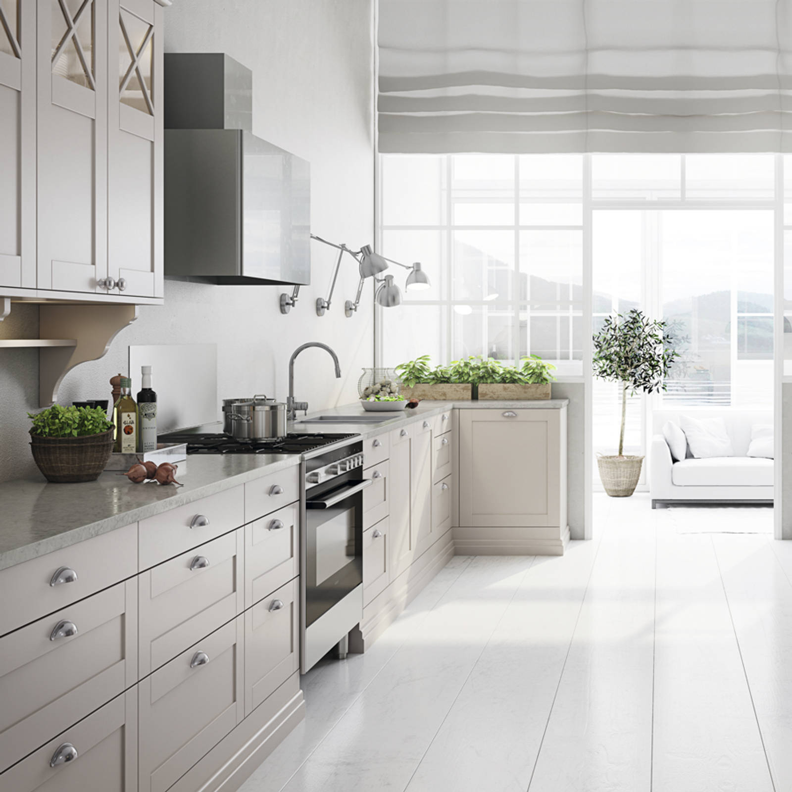 Nett og tidløs crossover-modell. Fronter med enkel ramme og slett fylling, noe som kombinerer vintage kjøkkendesign med et moderne uttrykk.