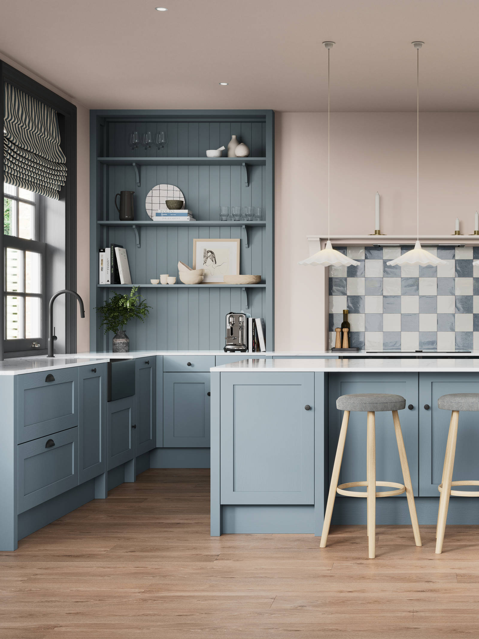 Premium Shaker kitchen Wardley Portland Blue including kitchen island with traditional detailing, black accessories, white worktop and matching blue open shelves with blue panelling and checkered tiling over range cooker.