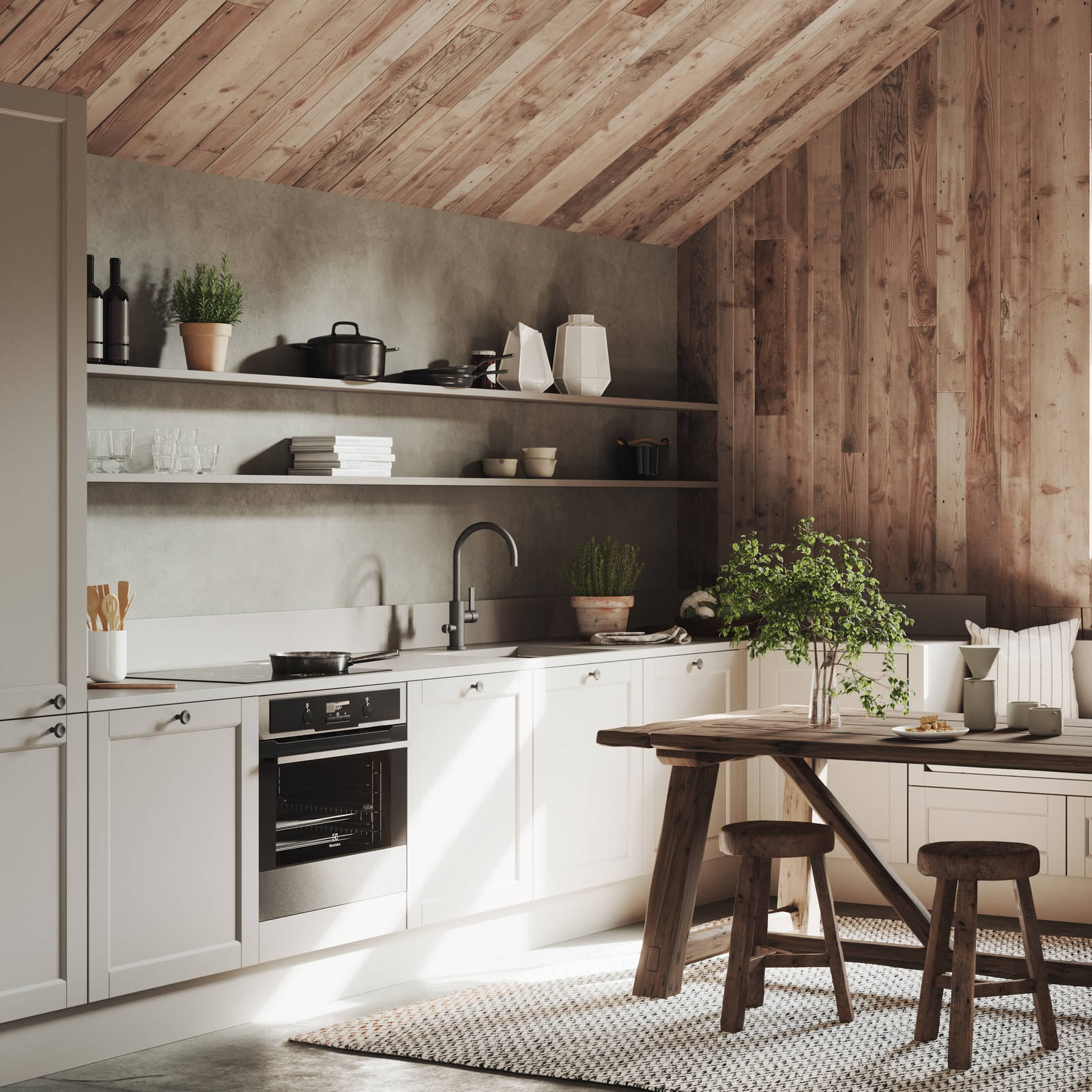 Marbodal Fagerö Frö - kökslucka i gråbeige kulör. Bänkskiva Mullvad Matt i laminat. Handtag Bell svart. Längst väggen en kökssoffa av köksskåp samt långa öppna hyllplan med plats för allt du behöver i kökslivet.