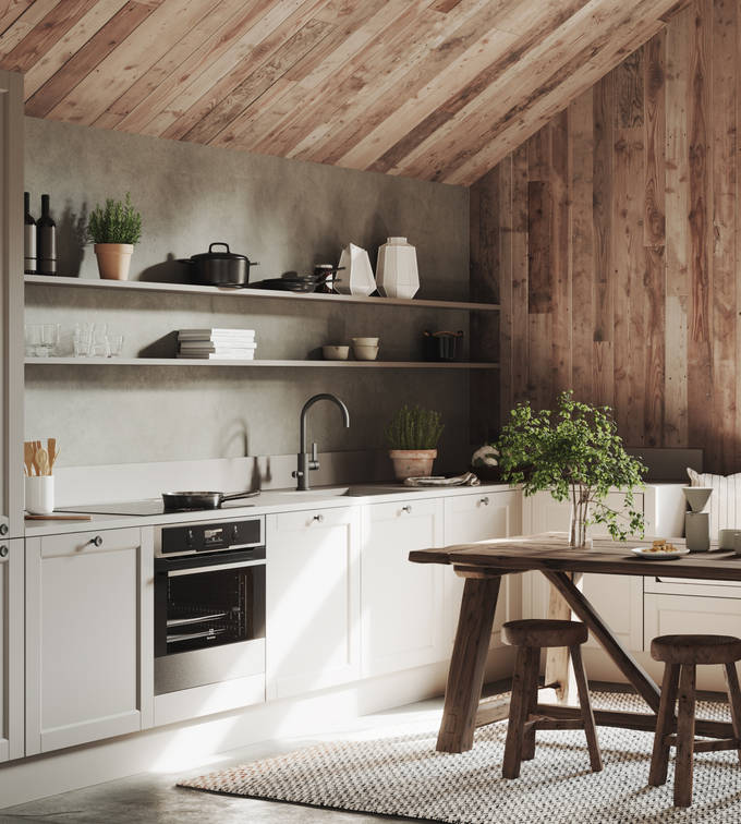 Marbodal Fagerö Frö - kökslucka i gråbeige kulör. Bänkskiva Mullvad Matt i laminat. Handtag Bell svart. Längst väggen en kökssoffa av köksskåp samt långa öppna hyllplan med plats för allt du behöver i kökslivet.