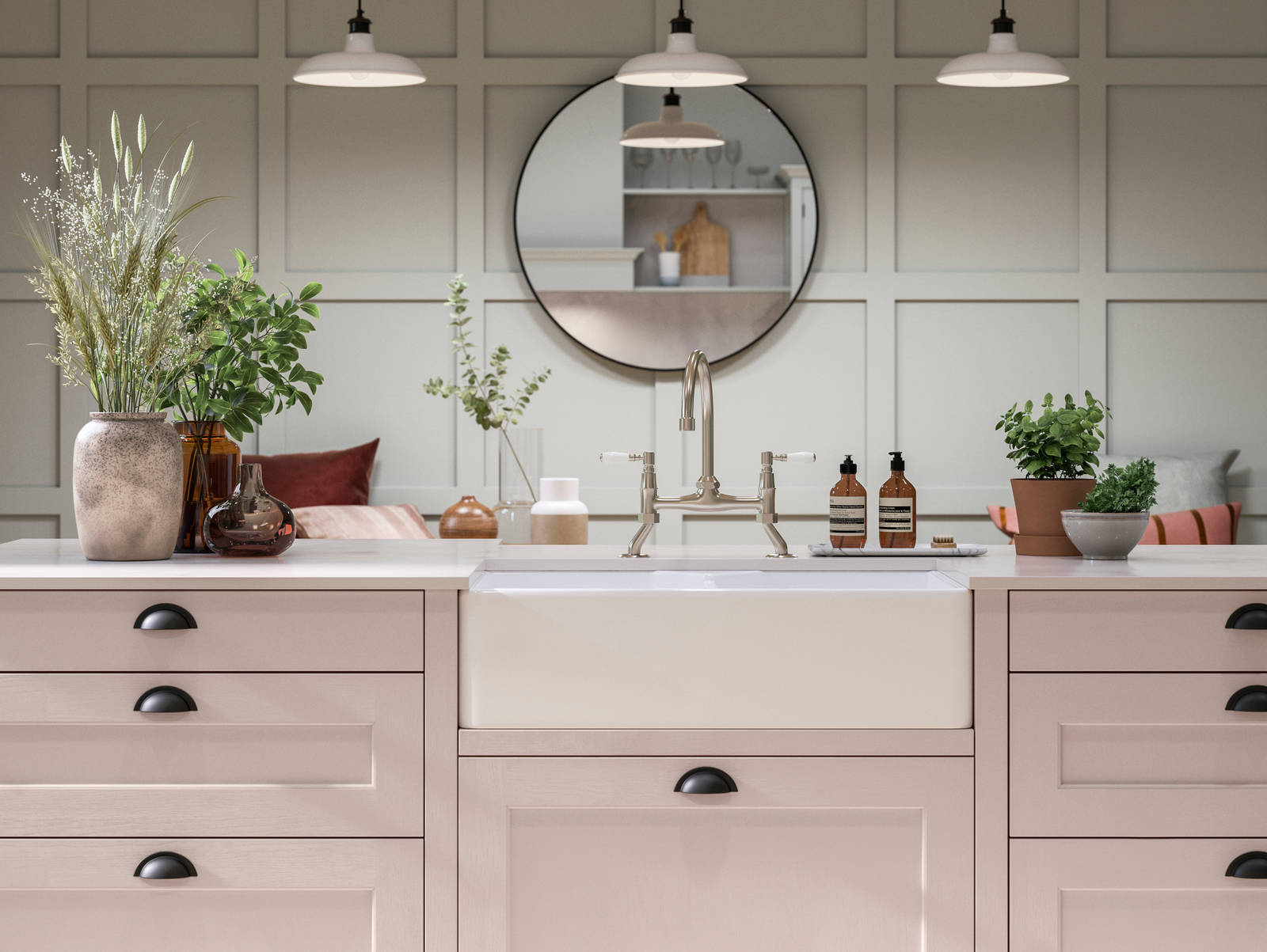 Ludlow kitchen. Our latest Shaker door, with a modern country-style. Here in the light pink shade Rose bowl, paired with plants in earth tone planters.