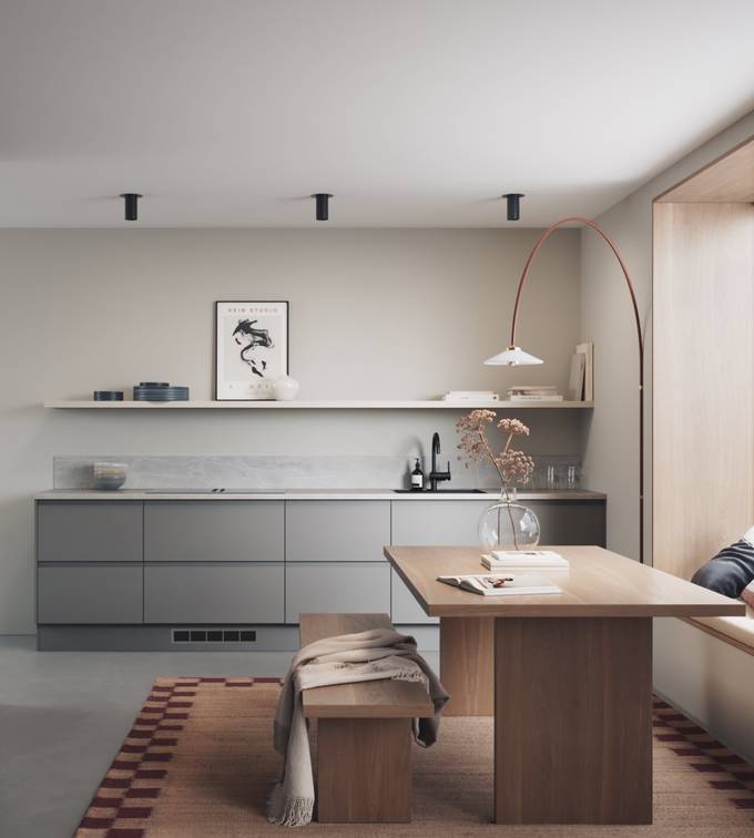 Mellomgrå kjøkken med integrerte grep, før en innredninsløsning som er lineær og grafisk velskapt, med tre spisebord och sittbænk