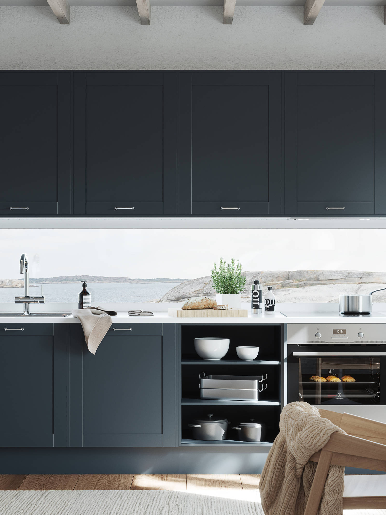 Nett og tidløs crossover-modell. Fronter med enkel ramme og slett fylling, noe som kombinerer vintage kjøkkendesign med et moderne uttrykk.