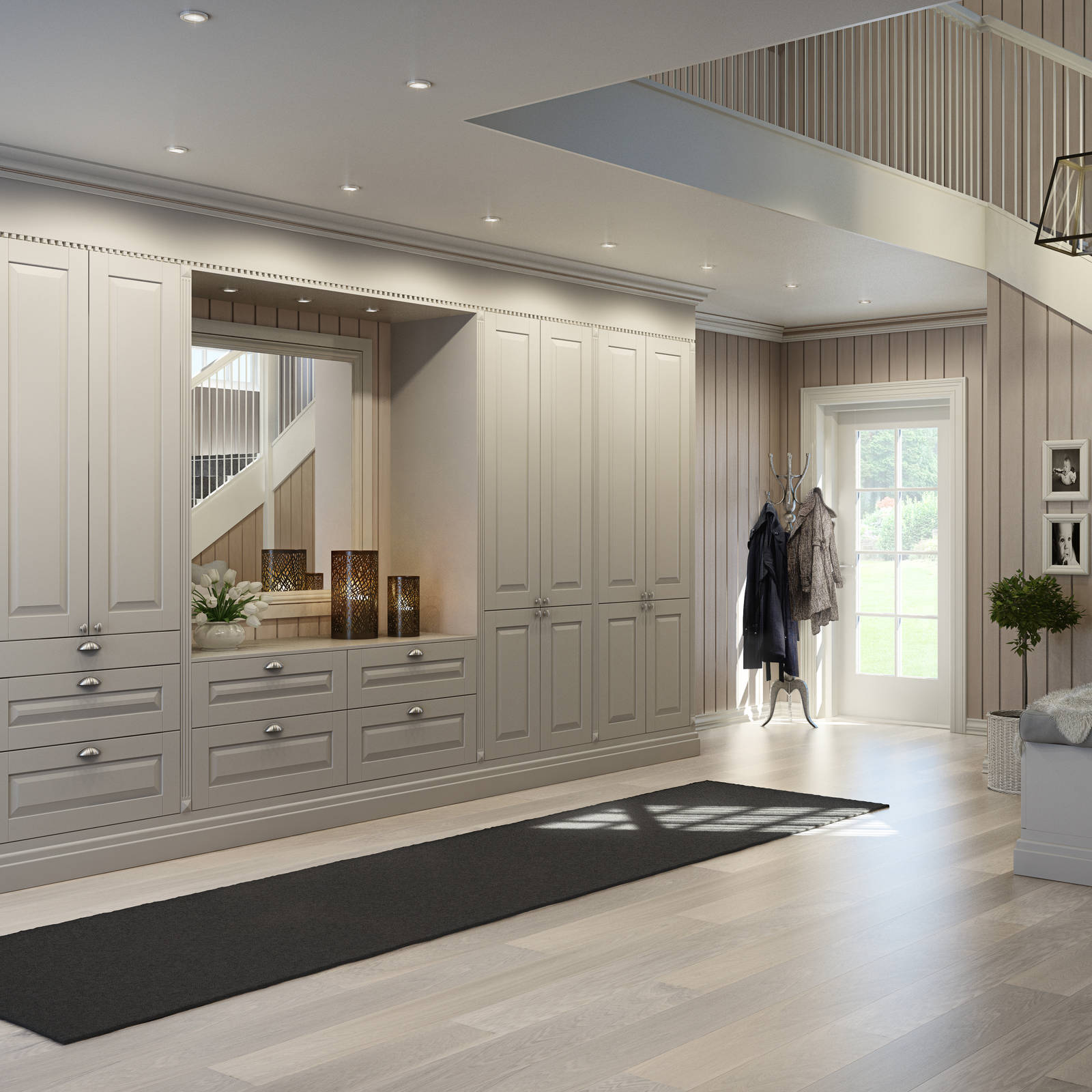 Enten du vil bygge et innbydende inngangsparti eller en plassrik soveromsgarderobe er Herregaard en svært anvendelig modell som kan tilpasse alle romstørrelser og planløsninger. Hjemmet ditt får et herskapelig klassisk preg, med fremtrukket sokkel, profilerte fronter og listverk.