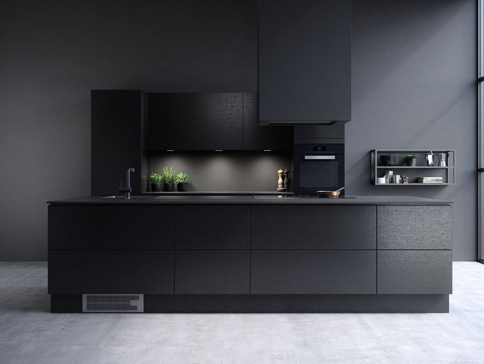 Elegant og moderne eikekjøkken. Slette fronter i eikefinér med integrert kantlist i eik som markerer kjøkkenets linjer og komposisjon.