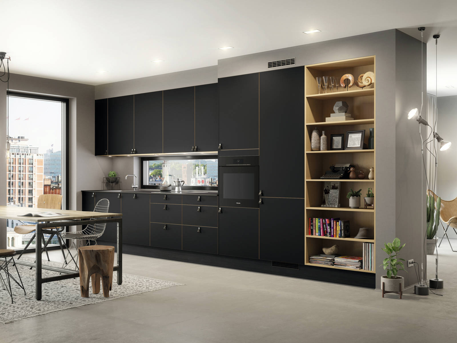 Modellen har slette fronter i sort supermatt høytrykkslaminat med fasede kantlister i heltre eik.