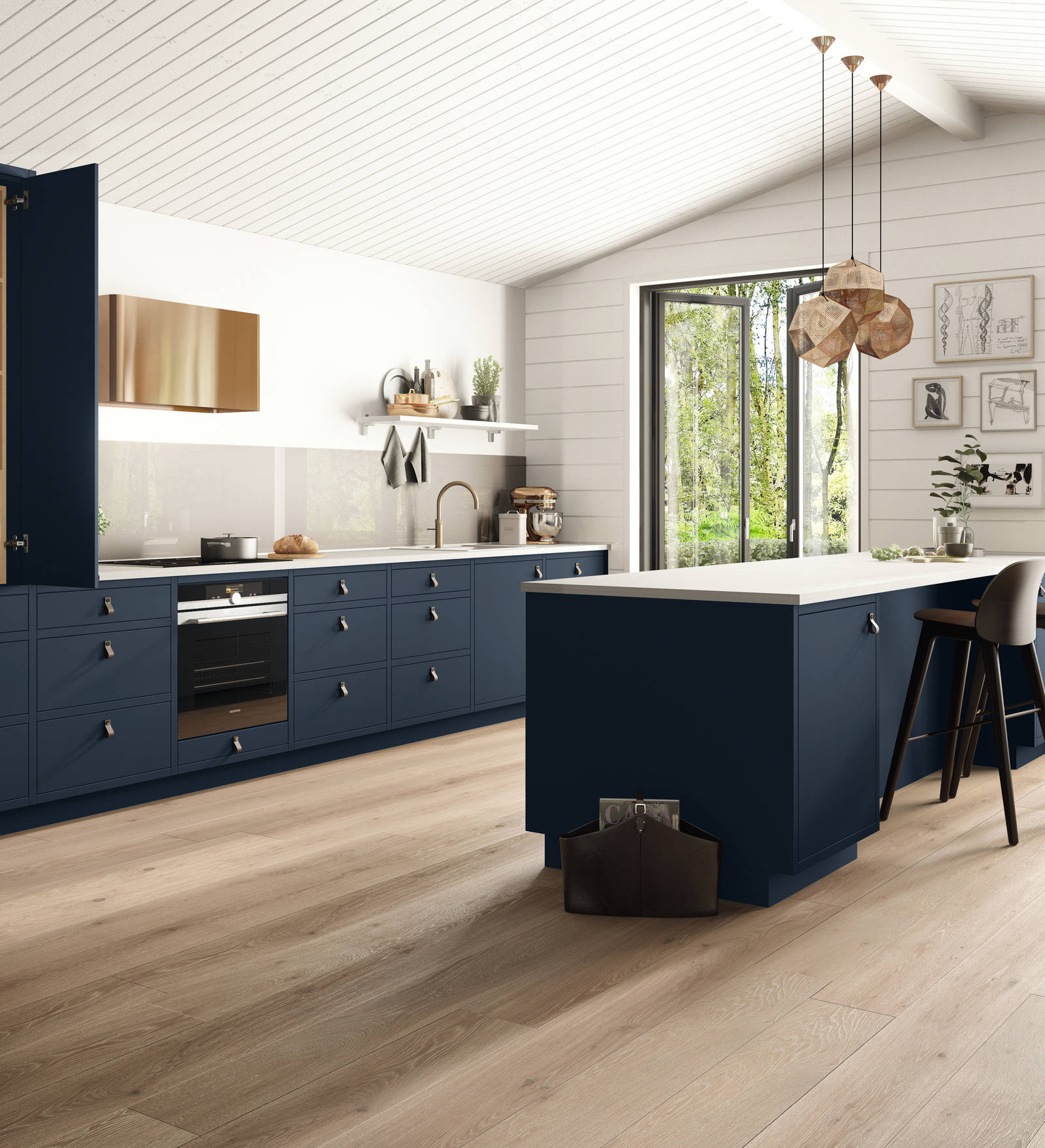 Sigdals Inframekonsept, med dører og skuffer som ligger innrammet, gir innredningen et flott, plassbygd preg. Line kan fås med innramming i foliert MDF i samme farge.