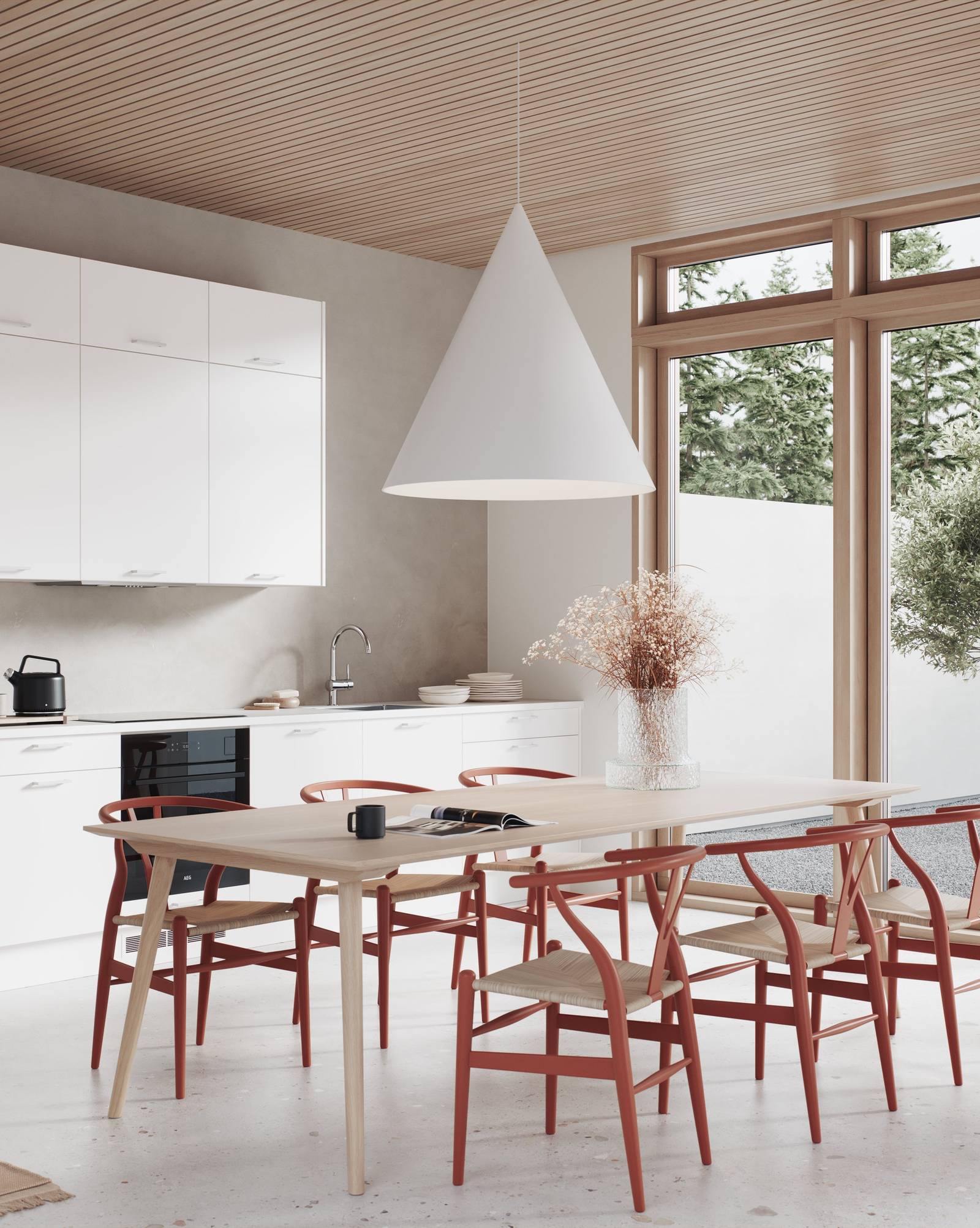 Moderne kjøkkenmodell med slette og slitesterke melaminbelagte fronter i liggende trestruktur, spisebord i lys tre og røde stoler