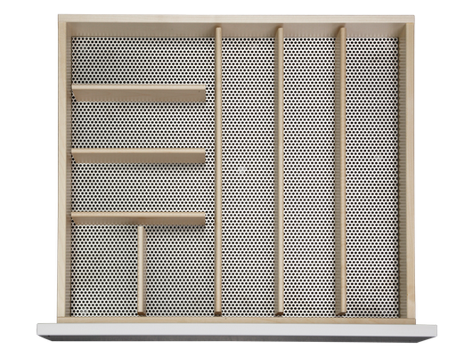 Utensils organizer for 60 cm drawer made from stainless steel and wood