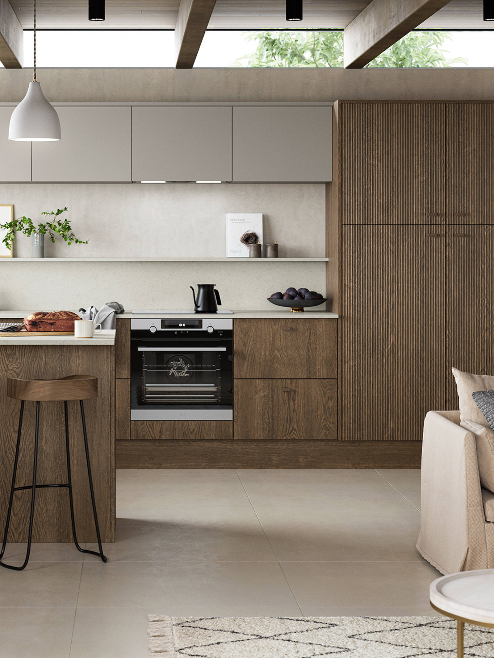 Nordic Nature. Modern wooden kitchen design with a Nordic influence. Featured floating worktops, a ribbed plinth and rounded end panels.