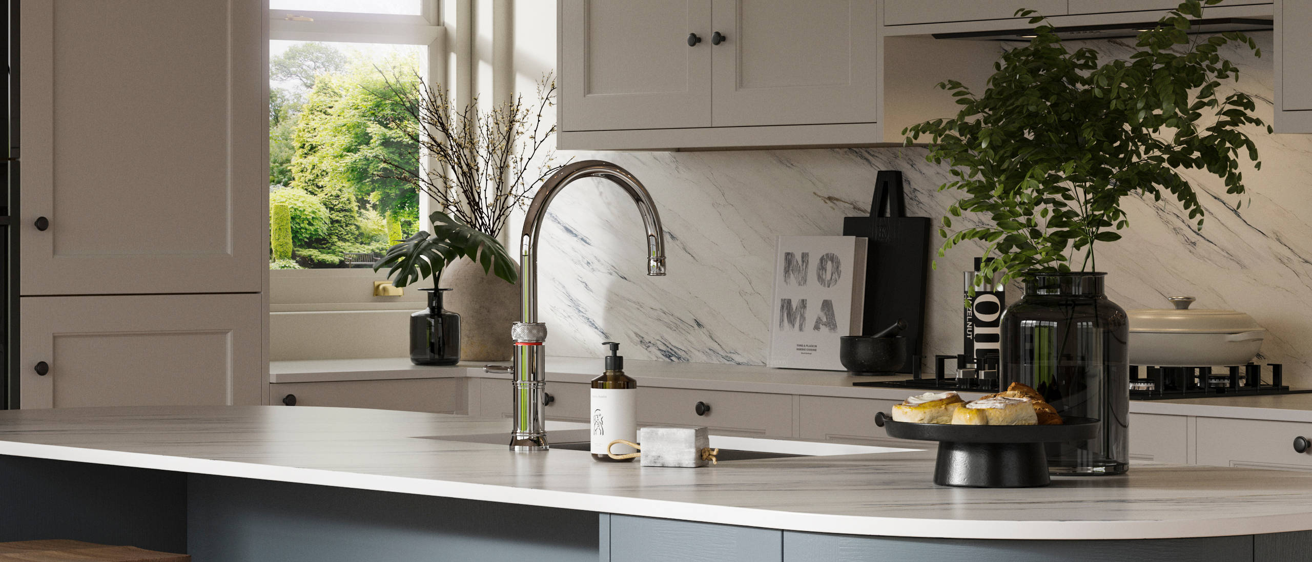 traditional Shaker-style kitchen range featuring panelled doors with visible woodgrain and beading detail