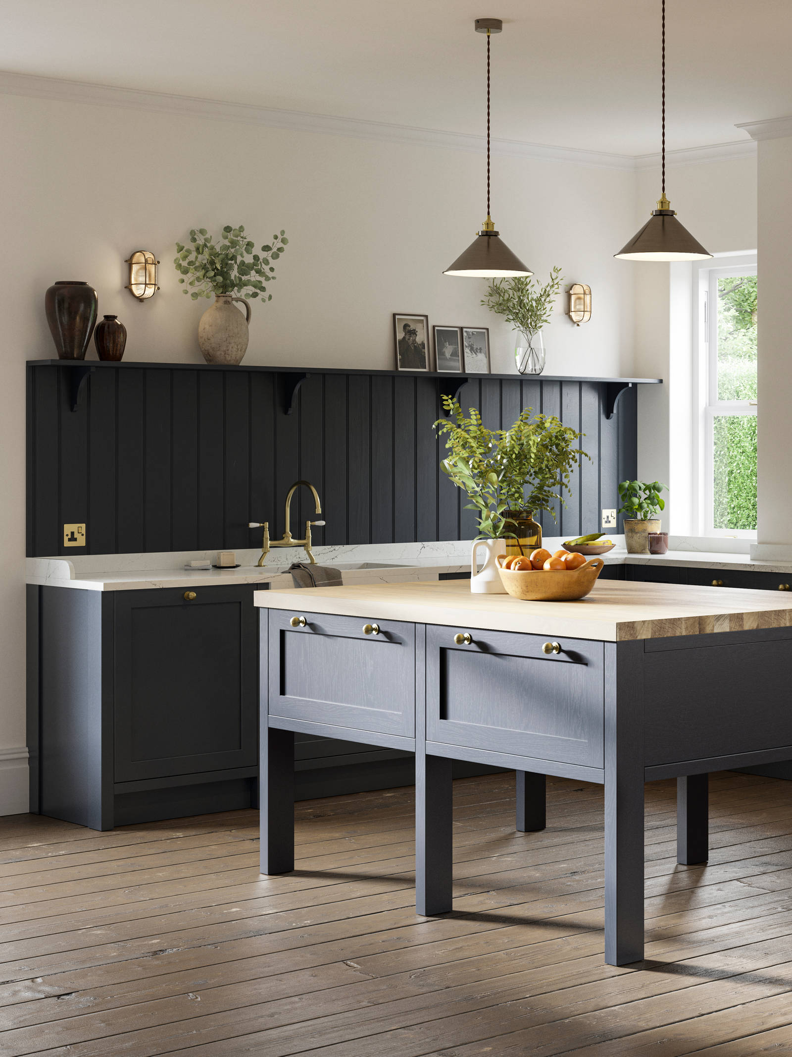 Open floorplan shaker kitchen in the dark blue shade Midnight, paired with a kitchen island and white Smeg fridge.