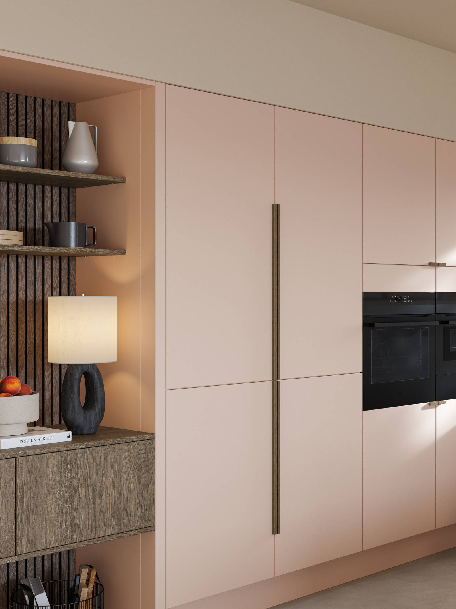 Soho cabinets in shade Chalk Blush, matched with fluted glass display cabinets and oak front cabinetry in Nordic Nature.