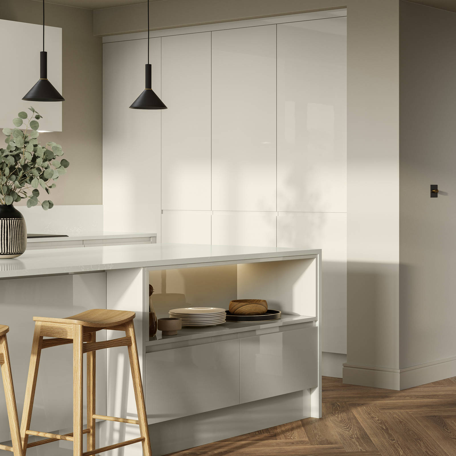 Open plan contemporary Luna Gloss kitchen with a kitchen island, breakfast bar, tall cabinetry, matching open shelves in living room with natural material decorations and utility room with integrated washing machine and tumble dryer, Amtico smouldering oak parquet flooring.