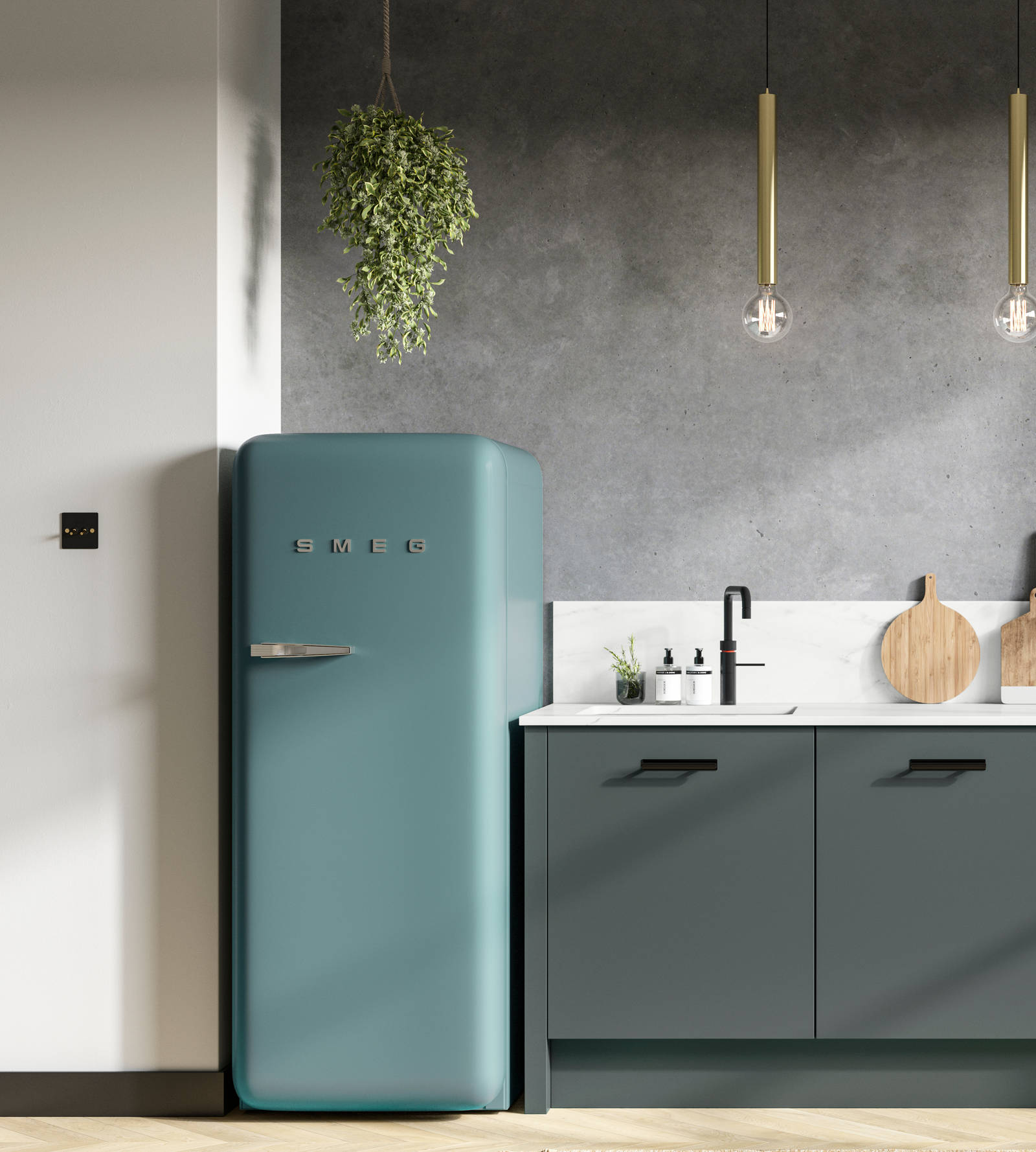 Straight view of modern Soho Arboretum kitchen with black tap and handles, dark grey marbled wall and blue Smeg fridge.