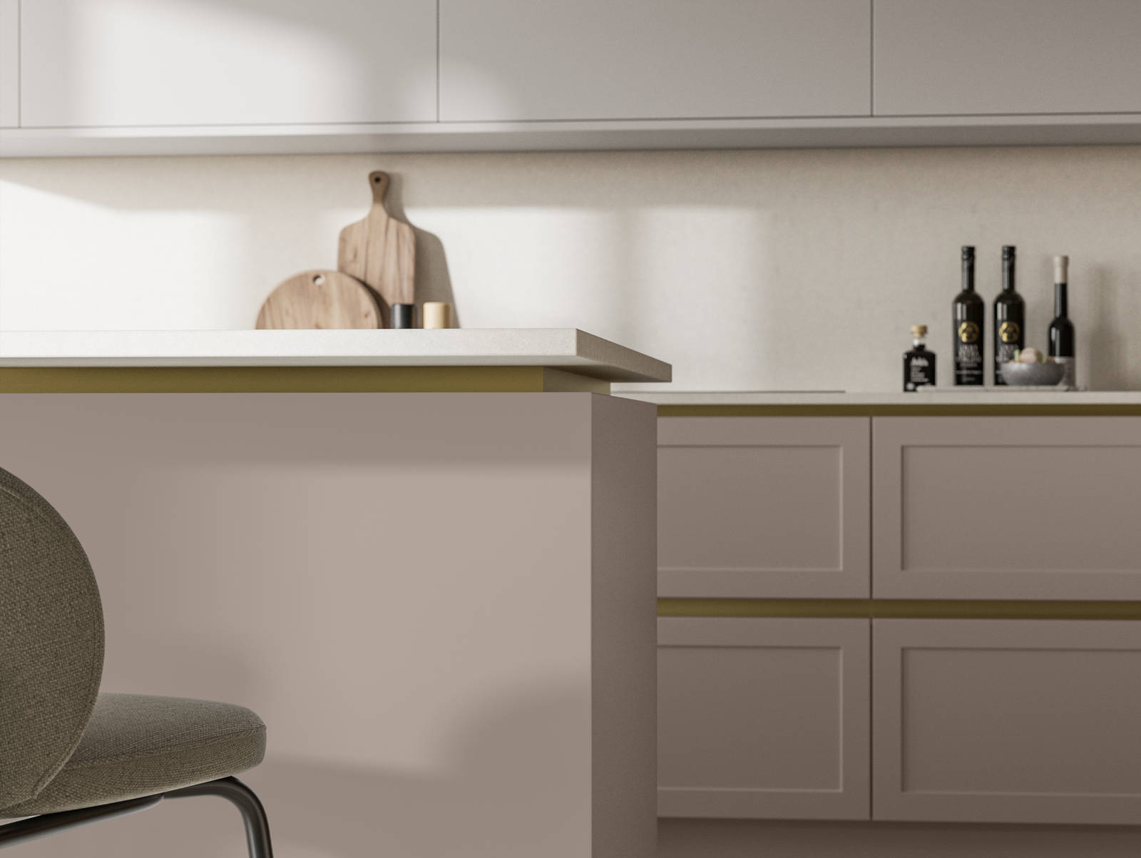 Integra Dunham Cornish Clay, a handleless shaker frontal with brass details and a white worktop.