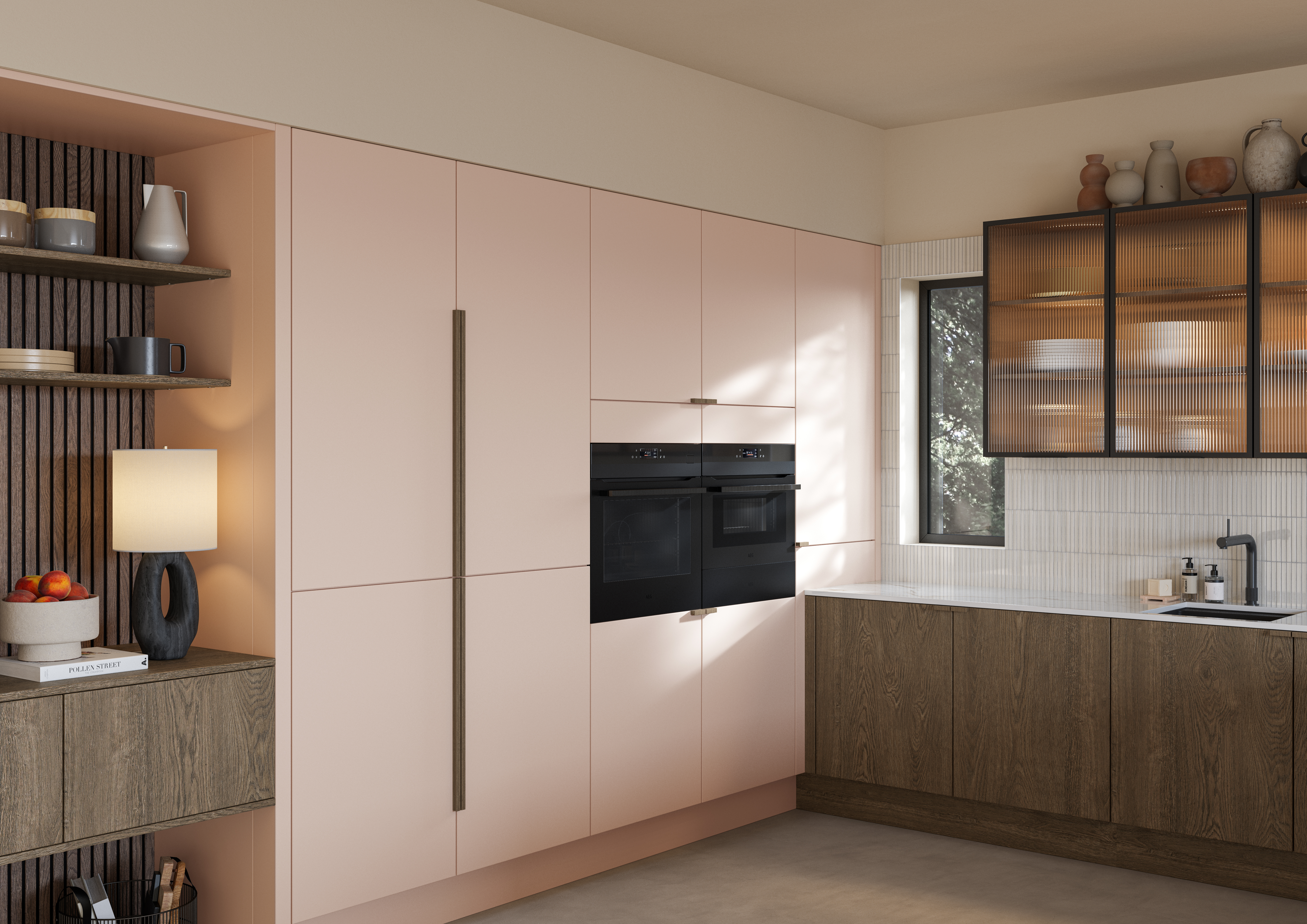 Soho cabinets in shade Chalk Blush, matched with fluted glass display cabinets and oak front cabinetry in Nordic Nature.