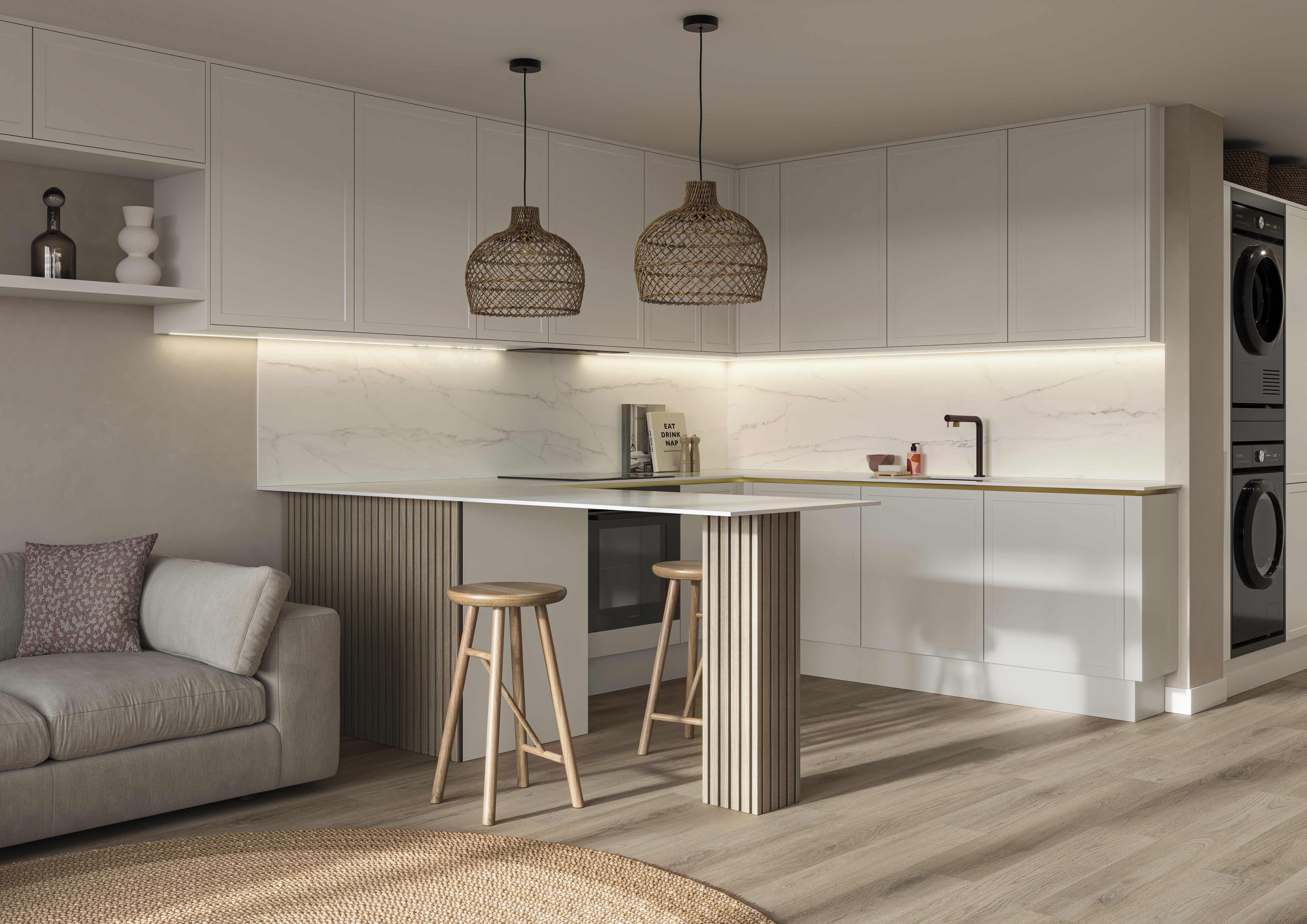Handleless Wabi sabi inspired Integra Brunswick Limestone kitchen combined with living area, wood barstools for breakfast bar, natural materials, Euros oak flooring.
